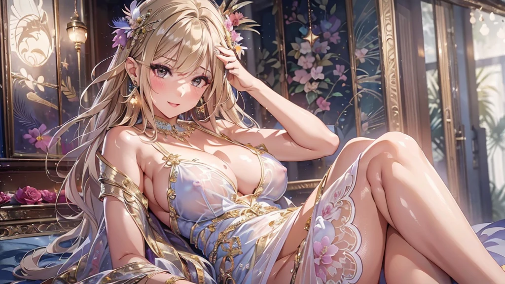 過去最高のmasterpiece、beautiful美しさ, 3D two-dimensional, rich, blonde, skirt, stockings, high heels, star、(Highly detailed CG Unity 8K wallpaper),(masterpiece), (最高quality), (超be familiar with), (best work),(best shadow), (sharp eyeliner, eye shadow, fine eye:1.1), (超High resolution,realistic,最高quality,realistic),(8K,RAW photo,最高quality,star),mature woman、sensual curves、huge breasts、thighs、bubble、お尻のmasterpiece, 最高quality, 超be familiar with, full body shot, mature woman, beautiful mature woman, nightgown and underwear, enchanting smile, thick lips, Chubby lips, blush, looking at the viewer, provocative expression, beautifulhair型, cleavage, Plump、curvy hips、attractive face、sexy lingerie、an inviting gaze、Expression of emotions、Lewd underwear、(((erotic see-through lingerie set)))、Standing position、gorgeous accessories 、big breastsの女性, bare shoulders, 金色のhair, colored feather, metal ornaments, colored flowers, particle, light, (masterpiece, 最高quality, 最高quality, official art, beautiful and aesthetic:1.2), (1 girl:1.5), 非常にbe familiar with,(fractal art:1.1),(colorful:1.1)、(flowers:1.3),most detailed,(zentangle:1.2), (dynamic pose), (abstract background:1.3), (shiny skin), (lots of colors :1.4), ,(earrings:1.4), (feather:1.4),masterpiece, 最高quality, 超be familiar with, 30~40 years, full body shot, beautiful 、さまざまなhair型，gold headband，plump breasts，beautiful，greek clothing，Tulle covers the breasts，perfectly proportioned, detailed clothing details,marble，god statue，cinematic lighting, film grain, 8K, masterpiece, 超be familiar with, high detail, 高quality, High resolution,(((NSFW:1.2)))、exposed chest、Openwork decoration，(((see through dress)))、(((解剖学的に正しいbody))) , 最高quality, 超be familiar with, (((Lewd underwear)))、raise your butt, from below, (((R-18)))、thighs, big breasts, Are standing, cowboy shot, blush, (((1 girl))), (masterpiece:1.3), (High resolution), (8K), (非常にbe familiar with), perfect face, Nice eye and face, (((最高quality))), (超be familiar with), detailed face and eye, (alone), beautifuleye,(((sexy pose)))、(((整ったbig breasts)))、((beautiful eye))、luxury、(((超High resolution)))、(((detailed description)))、(((ぽっちゃりbody型)))、(((解剖学的構造に一致したbodyの部位)))、beautiful長いまつ毛、バランスのとれたbody型,2 feet、Just the right size for your legs and arms、Fishnet tights、glamorous、(((Clear white and black eye)))、lipstick、Sparkling、(Undistorted face, eye, body)、jewelry、gem、(長くカールしたbeautifulまつ毛)、(((バランス良いbeautiful胸)))、(transparent, Exquisite skin:1.2)、(((完璧なglamorousボディー)))、actress face、Super beautiful、Cute smile、Healing beauty、Flower shower、完璧なeye、realistic depiction、Super sexy、glossy、Glamorous、double eyelids、Good dark makeup、makeup、ぼやけていないeye , expensive_quality, expensive_solve, masterpiece*I wore, whitespace, colorful, 1 girl, alone, white_hair, prism hair, [pink|green] eye, gradient eye, multicolored eye, shine eye, shine, Sparkling, shine white particles, Alone、one shot、adorable、Plump、Glossy and exquisite skin、はっきりしたeye鼻立ち、realistic eyes、whiteい肌, real human skin, (be familiar with), oval face, pore,  (8K, Raw photo, realistic: 1.4), one girl,  (Gentle and Goddess-like Eyes) happiness: 1.2), (lip gloss, eyelash, gross face, 最高quality, 超High resolution, wide lighting, natural shading)