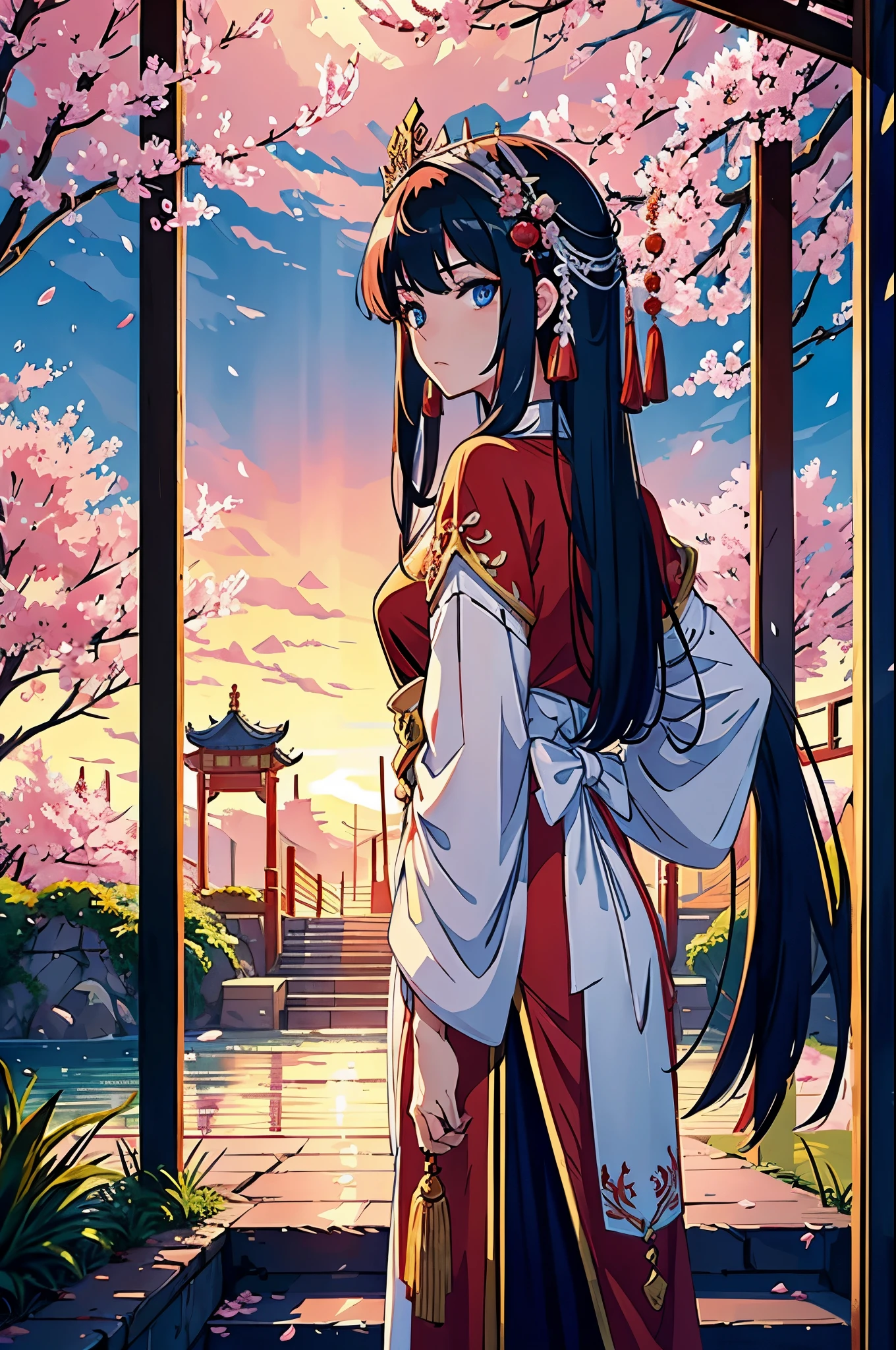 Long haired white anime girl with blue eyes, a big crown, red hanfu and jewels, walikng down the stairs, behind her is a chinese palace with tall tress, cherry blossoms and blood draining from her long metal tipped sword with red sunset in 8k