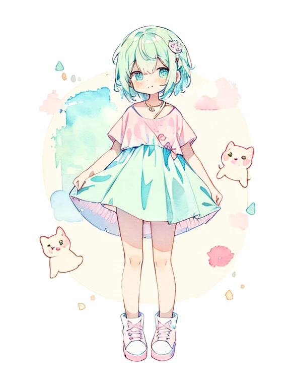 Cat, BREAK,whole body,1 girl, (pastel colour:1.5),(cute illustration:1.5),(watercolor:1.2),white background,