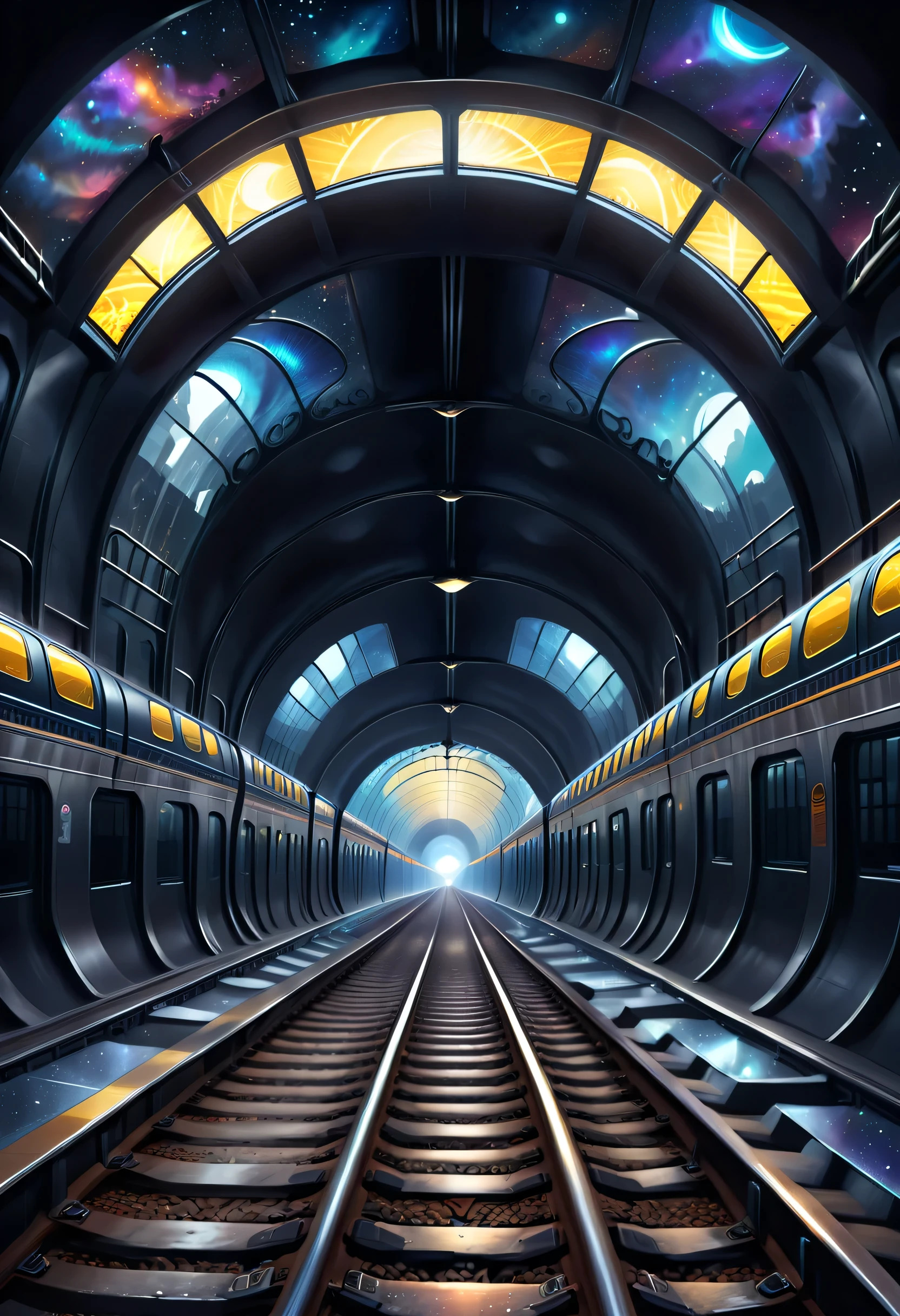 It depicts the connection of subway tracks to a different dimensional space。It is possible to draw a subway tunnel，One of the sections leads to a different dimensional world，Illustrations can show peculiar landscapes、Mysterious visions and passengers from different dimensions。The Star Dome train serves as a passage between the normal world and the other dimension，Presents a mysterious and mesmerizing atmosphere。