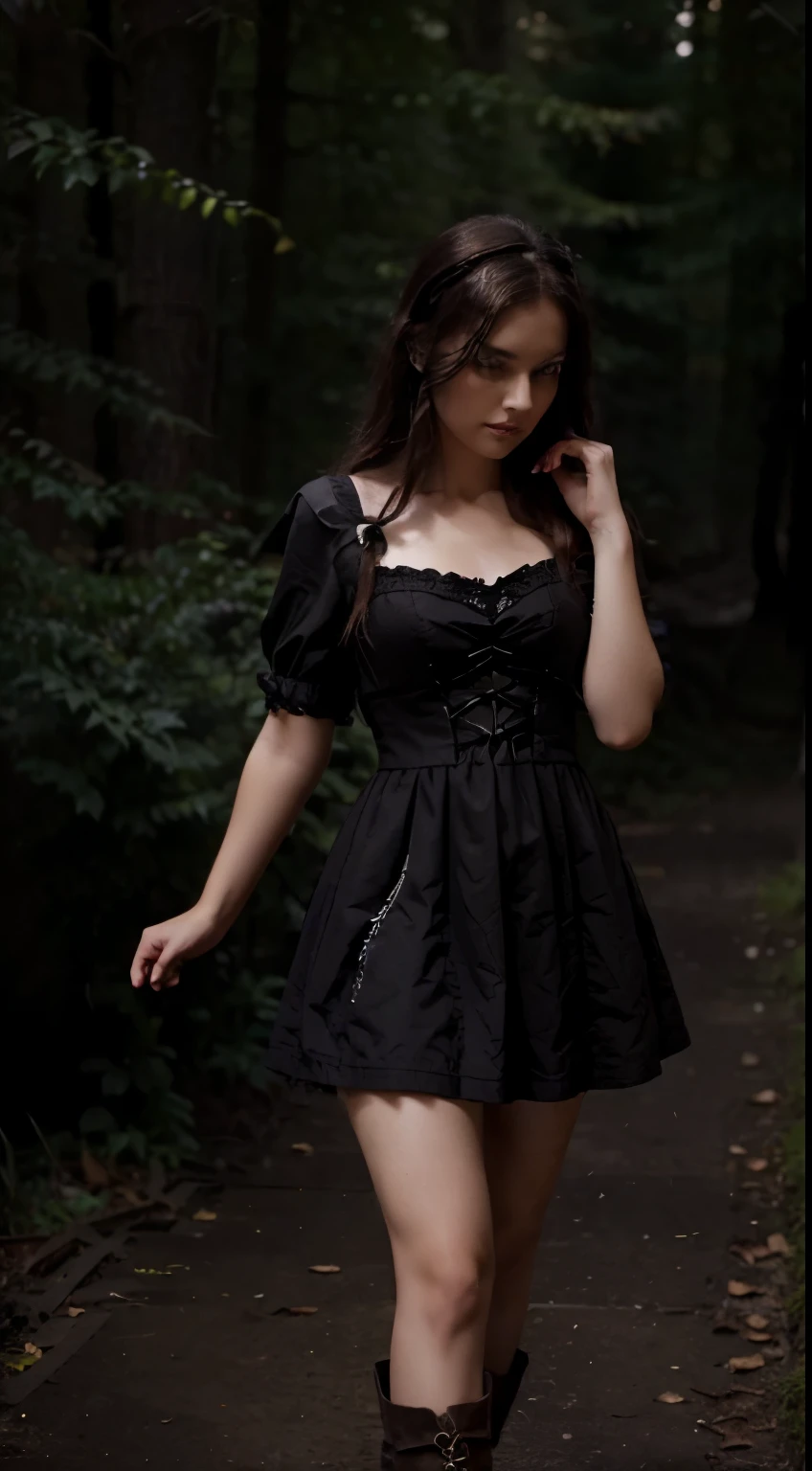 young , medieval, ((very detailed dark tones short dress)), fantasy, (General plan), three-quarter, Cinematic, white ivory bow, fireflys, (fantasy clothes), boots, forest, night