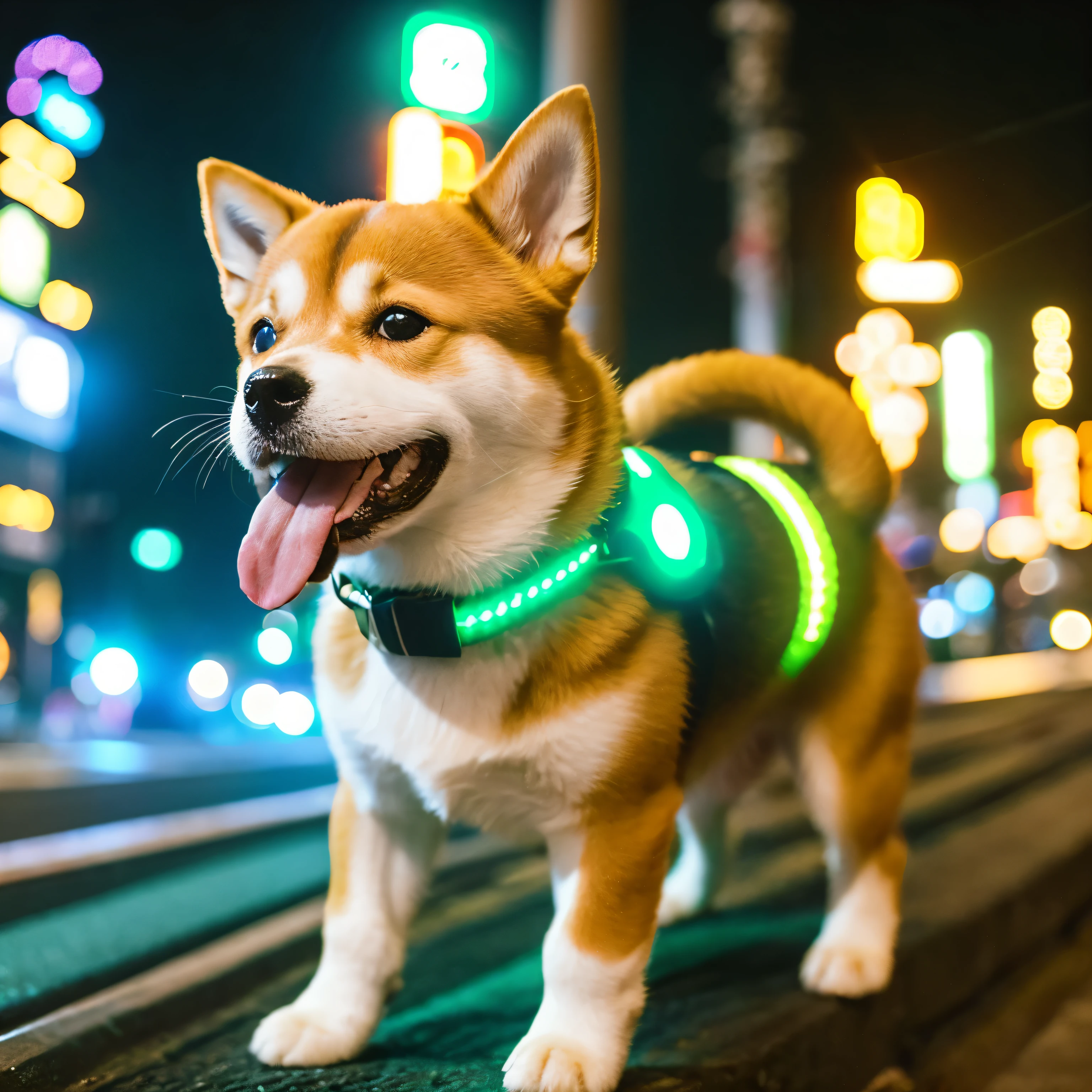 A cute Shiba Inu、Shiba Inu whose whole body glows green、brown hair、Glowing collar、LINE stickers、no text、stick out tongue、night view、look at camera