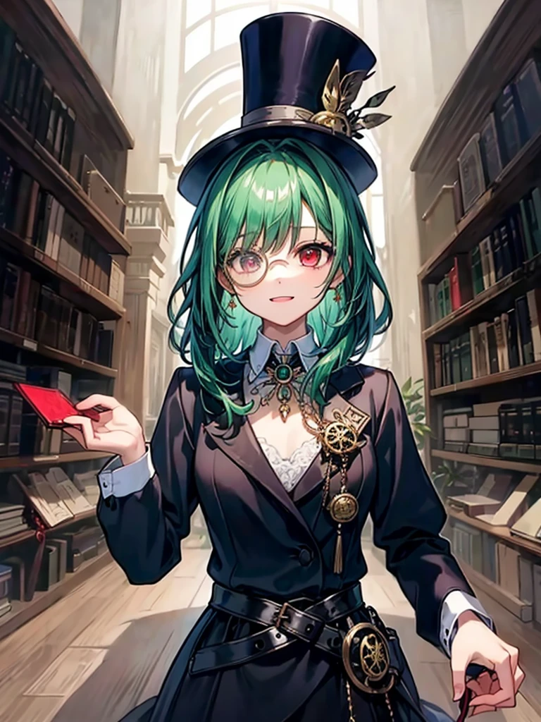 (((masterpiece、Highest image quality、highest quality、highly detailed unity 8kwallpaper)))、((Illustration of one girl、upper body))、(((beautiful girl)))、(librarian)、(Emerald green hair、messy hair、sidelocks:1.2、red eyes、crazy smile)、(((flat chest)))、(((monocle)))、pocket watch、(((Black top hat、Black tuxedo、belt)))、great medieval library、Large amount of books