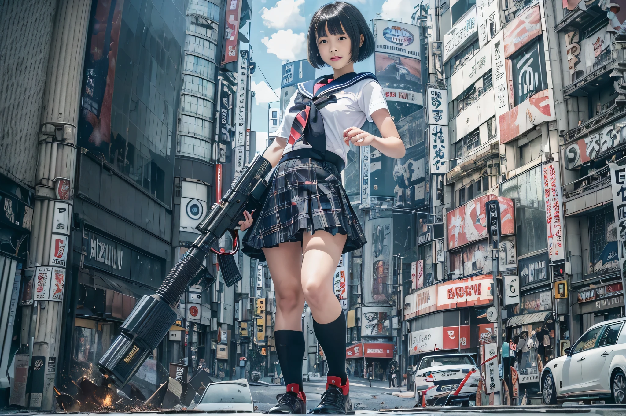 ((RAW image quality:1.4)), masterpiece, high quality, unpleasant feeling, cinematic lighting, front camera angle, (ruined metropolis), (SHIBUYA109 is attacked:1.4), 1 girl, High school girl standing on the ground with an assault rifle (M16), beautiful girl, invincible smile, good style , short hair, cleavage, short sailor suit, tartan check miniskirt, dynamic pose, Shibuya Ward, explosion, (Photographed with an 8mm fisheye lens:1.4), Shallow depth of writing, Photo looking up from below,