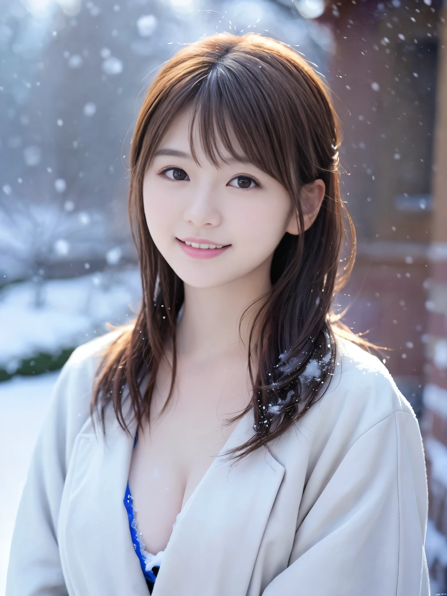 realistic pictures (1 Cute Japanese gravure idol) shoulder length hair, light makeup, big breasts, wearing a coat, in the snow, clear facial features, 8K high resolution, sharp and realistic details.from outside, eye level shot, f/4.0, 135mm, fujifilm, jpeg artifact, dithering, UHD, masterpiece