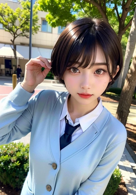 ((top-quality))、(​masterpiece:1.4)、Raw photography、8K、((Top image quality))、 ((hight resolution))、Beautiful face in every detail、Realistic human skin、Gentle expression、(One lady:1.3 )、realisitic、Photorealsitic、(extra very short hair:1.4)、(Cute hairstyle)、(Beautuful Women)、(cute Japanese girls)、(boyish:1.3)、(mannish)、((Pretty Woman))、(Beautiful hair)、(((Red cheeks)))、(Her eyes are big:1.3)、20-year-old beauty、(her face is small:1.3 )、small head、((long neck))、pale skin、Spot-free skin、With bangs、Everyone longs for、japanese beautiful woman、((eight heads high))、(a necklace)、Happy look、((School uniform))、a park、[[smil]]、Japan High School Girl Uniform、High School Uniform、(shirt with collar)、(neck tie)、Dark blue pleated skirt、blazers、