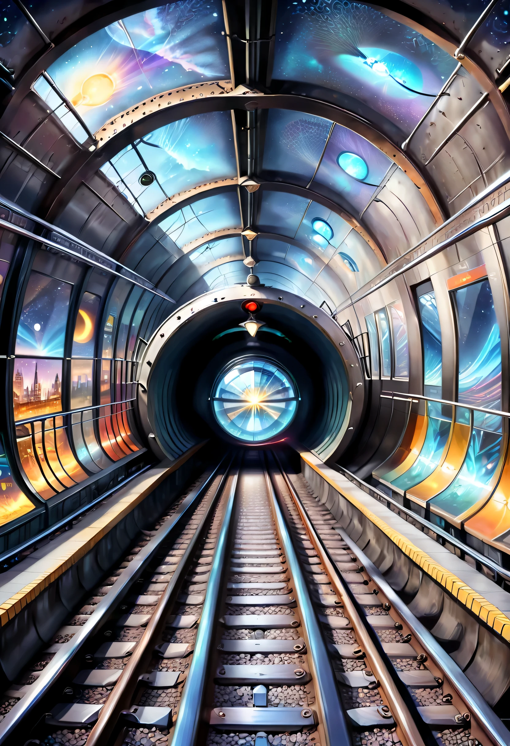 It depicts the connection of subway tracks to a different dimensional space。It is possible to draw a subway tunnel,One of the sections leads to a different dimensional world,Illustrations can show peculiar landscapes、Mysterious visions and passengers from different dimensions。The Star Dome train serves as a passage between the normal world and the other dimension,Presents a mysterious and mesmerizing atmosphere。