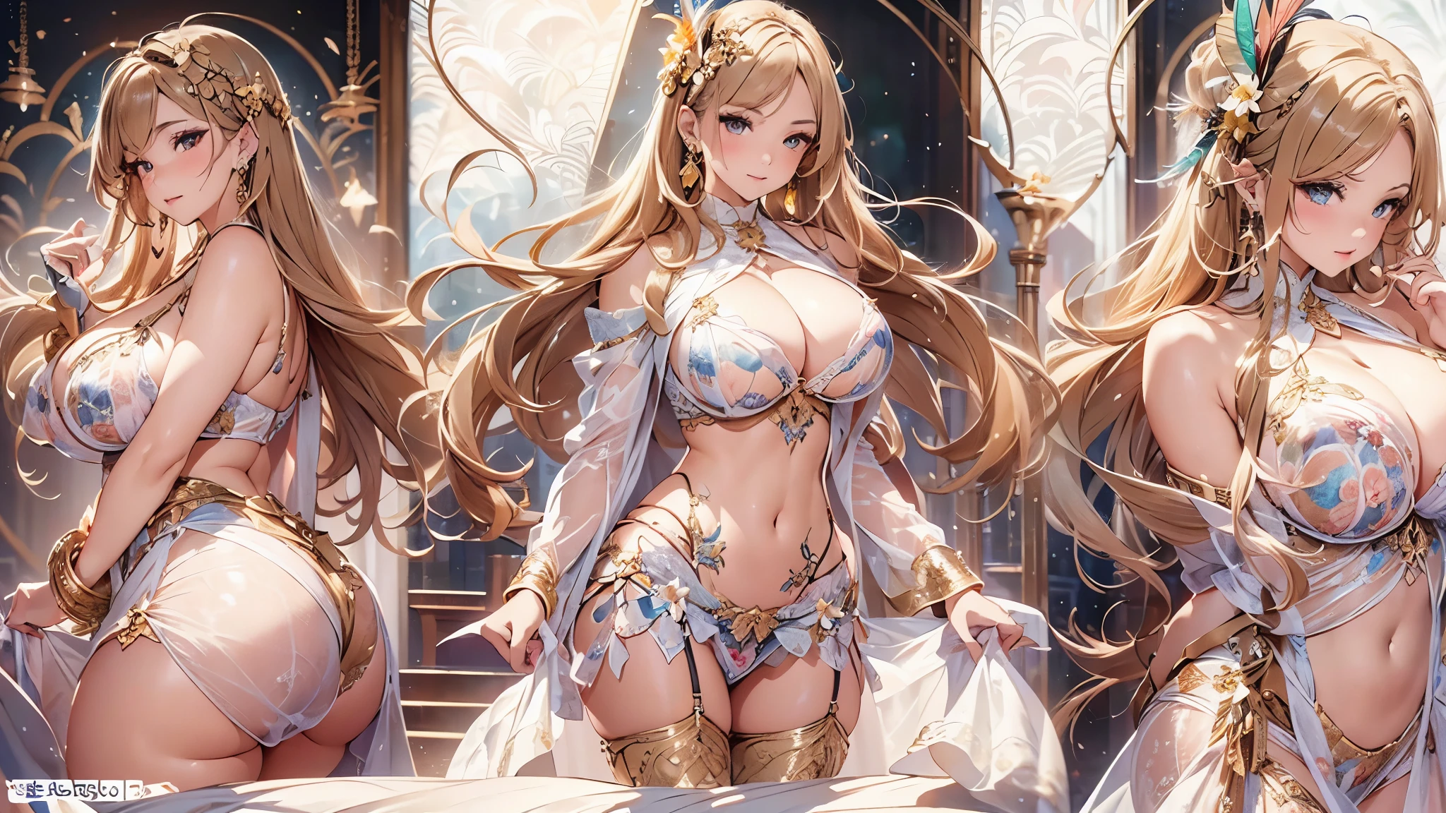 過去最高のmasterpiece、beautiful美しさ, 3D two-dimensional, rich, blonde, skirt, stockings, high heels, star、(Highly detailed CG Unity 8K wallpaper),(masterpiece), (最高quality), (超be familiar with), (best work),(best shadow), (sharp eyeliner, eye shadow, fine eye:1.1), (超High resolution,realistic,最高quality,realistic),(8K,RAW photo,最高quality,star),mature woman、sensual curves、huge breasts、thighs、bubble、お尻のmasterpiece, 最高quality, 超be familiar with, full body shot, mature woman, beautiful mature woman, nightgown and underwear, enchanting smile, thick lips, Chubby lips, blush, looking at the viewer, provocative expression, beautifulhair型, cleavage, Plump、curvy hips、attractive face、sexy lingerie、an inviting gaze、Expression of emotions、Lewd underwear、(((erotic see-through lingerie set)))、Standing position、gorgeous accessories 、big breastsの女性, bare shoulders, 金色のhair, colored feather, metal ornaments, colored flowers, particle, light, (masterpiece, 最高quality, 最高quality, official art, beautiful and aesthetic:1.2), (1 girl:1.5), 非常にbe familiar with,(fractal art:1.1),(colorful:1.1)、(flowers:1.3),most detailed,(zentangle:1.2), (dynamic pose), (abstract background:1.3), (shiny skin), (lots of colors :1.4), ,(earrings:1.4), (feather:1.4),masterpiece, 最高quality, 超be familiar with, 30~40 years, full body shot, beautiful 、さまざまなhair型，gold headband，plump breasts，beautiful，greek clothing，Tulle covers the breasts，perfectly proportioned, detailed clothing details,marble，god statue，cinematic lighting, film grain, 8K, masterpiece, 超be familiar with, high detail, 高quality, High resolution,(((NSFW:1.2)))、exposed chest、Openwork decoration，(((see through dress)))、(((解剖学的に正しいbody))) , 最高quality, 超be familiar with, (((Lewd underwear)))、raise your butt, from below, (((R-18)))、thighs, big breasts, Are standing, cowboy shot, blush, (((1 girl))), (masterpiece:1.3), (High resolution), (8K), (非常にbe familiar with), perfect face, Nice eye and face, (((最高quality))), (超be familiar with), detailed face and eye, (alone), beautifuleye,(((sexy pose)))、(((整ったbig breasts)))、((beautiful eye))、luxury、(((超High resolution)))、(((detailed description)))、(((ぽっちゃりbody型)))、(((解剖学的構造に一致したbodyの部位)))、beautiful長いまつ毛、バランスのとれたbody型,2 feet、Just the right size for your legs and arms、Fishnet tights、glamorous、(((Clear white and black eye)))、lipstick、Sparkling、(Undistorted face, eye, body)、jewelry、gem、(長くカールしたbeautifulまつ毛)、(((バランス良いbeautiful胸)))、(transparent, Exquisite skin:1.2)、(((完璧なglamorousボディー)))、actress face、Super beautiful、Cute smile、Healing beauty、Flower shower、完璧なeye、realistic depiction、Super sexy、glossy、Glamorous、double eyelids、Good dark makeup、makeup、ぼやけていないeye , expensive_quality, expensive_solve, masterpiece*I wore, whitespace, colorful, 1 girl, alone, white_hair, prism hair, [pink|green] eye, gradient eye, multicolored eye, shine eye, shine, Sparkling, shine white particles, Alone、one shot、adorable、Plump、Glossy and exquisite skin、はっきりしたeye鼻立ち、realistic eyes、whiteい肌, real human skin, (be familiar with), oval face, pore,  (8K, Raw photo, realistic: 1.4), one girl,  (Gentle and Goddess-like Eyes) happiness: 1.2), (lip gloss, eyelash, gross face, 最高quality, 超High resolution, wide lighting, natural shading)
