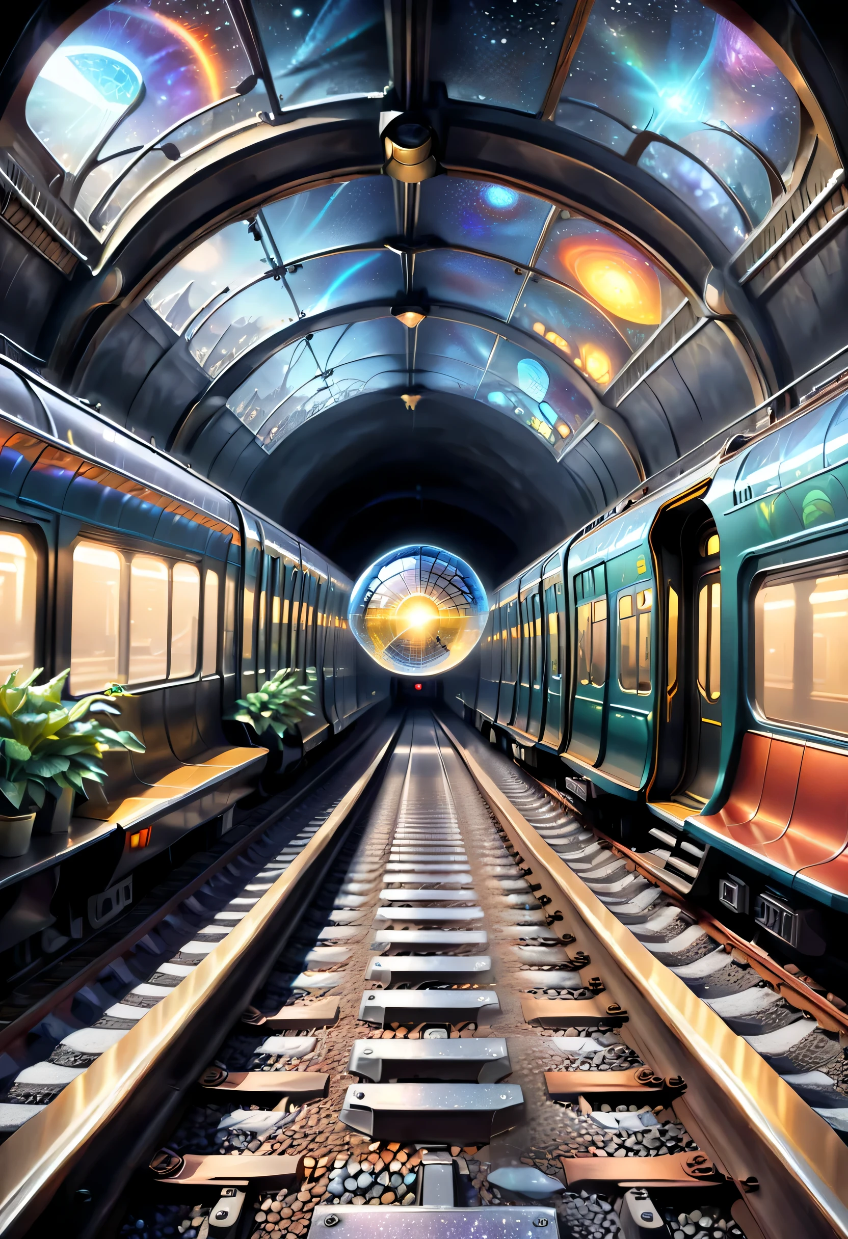 It depicts the connection of subway tracks to a different dimensional space。It is possible to draw a subway tunnel,One of the sections leads to a different dimensional world,Illustrations can show peculiar landscapes、Mysterious visions and passengers from different dimensions。The Star Dome train serves as a passage between the normal world and the other dimension,Presents a mysterious and mesmerizing atmosphere。