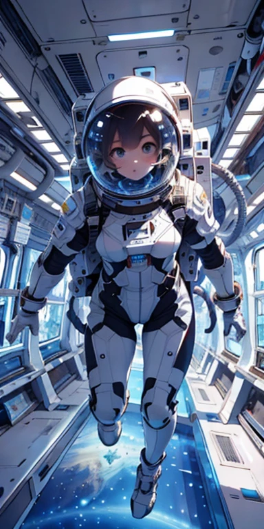 Unorganized resolution, High resolution, (masterpiece:1.4), super detailed, 1 girl, in spacesuit, seen from above, space, floating, satellite, running pose, wide angle lens distortion