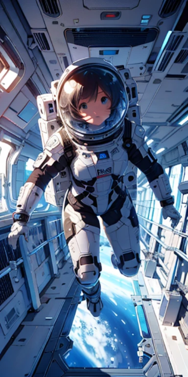 Unorganized resolution, High resolution, (masterpiece:1.4), super detailed, 1 girl, in spacesuit, seen from above, space, floating, satellite, running pose, wide angle lens distortion