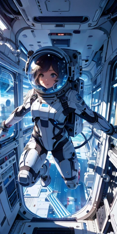 Unorganized resolution, High resolution, (masterpiece:1.4), super detailed, 1 girl, in spacesuit, seen from above, space, floating, satellite, running pose, wide angle lens distortion