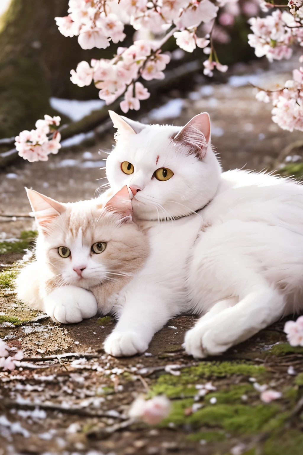Cherry Blossom、Sakura tree、cat is relaxing under the tree、Snow-white cat、The coat is nice and fluffy、My eyes are open、in the forest、realistic