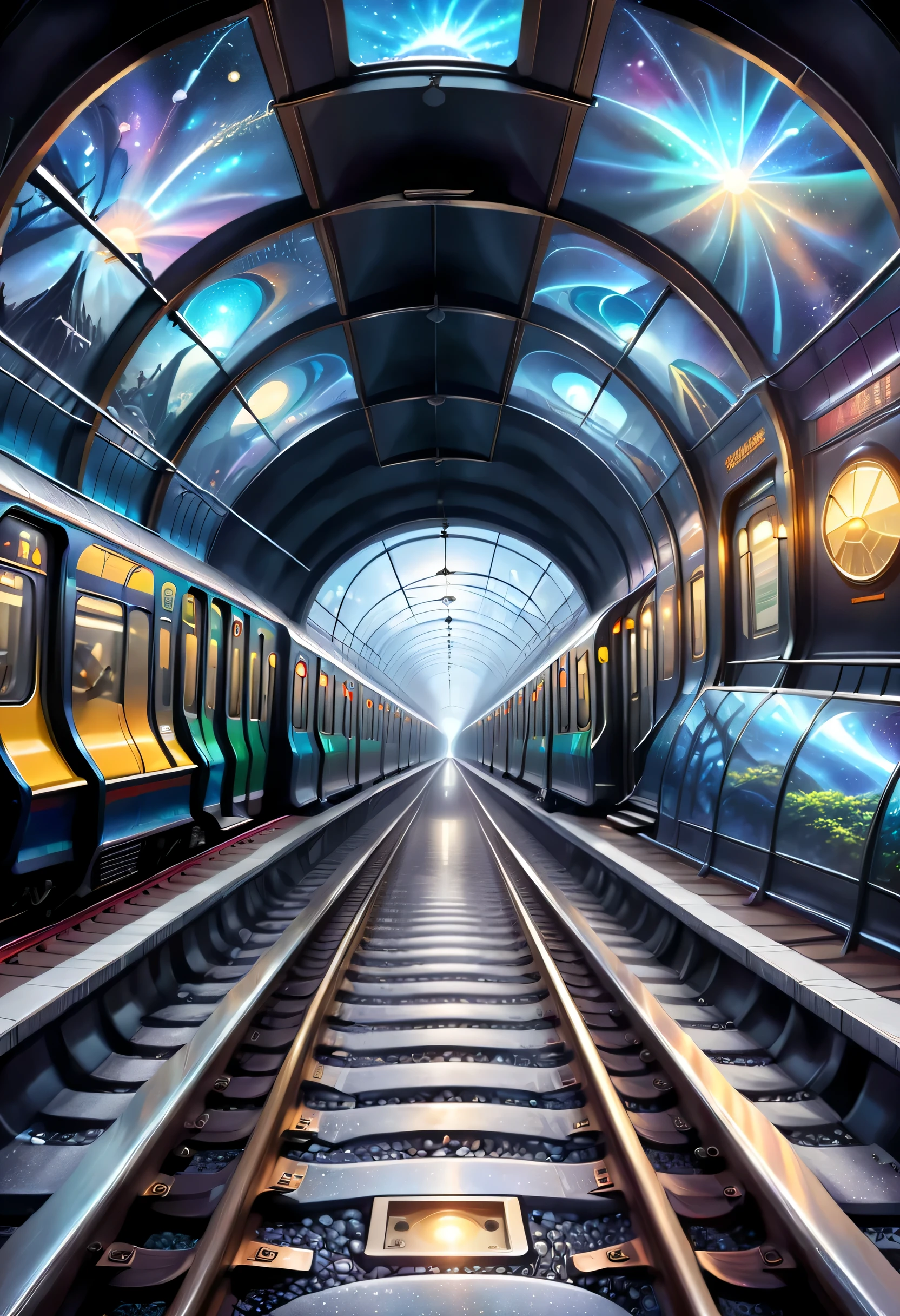 It depicts the connection of subway tracks to a different dimensional space。It is possible to draw a subway tunnel，One of the sections leads to a different dimensional world，Illustrations can show peculiar landscapes、Mysterious visions and passengers from different dimensions。The Star Dome train serves as a passage between the normal world and the other dimension，Presents a mysterious and mesmerizing atmosphere。