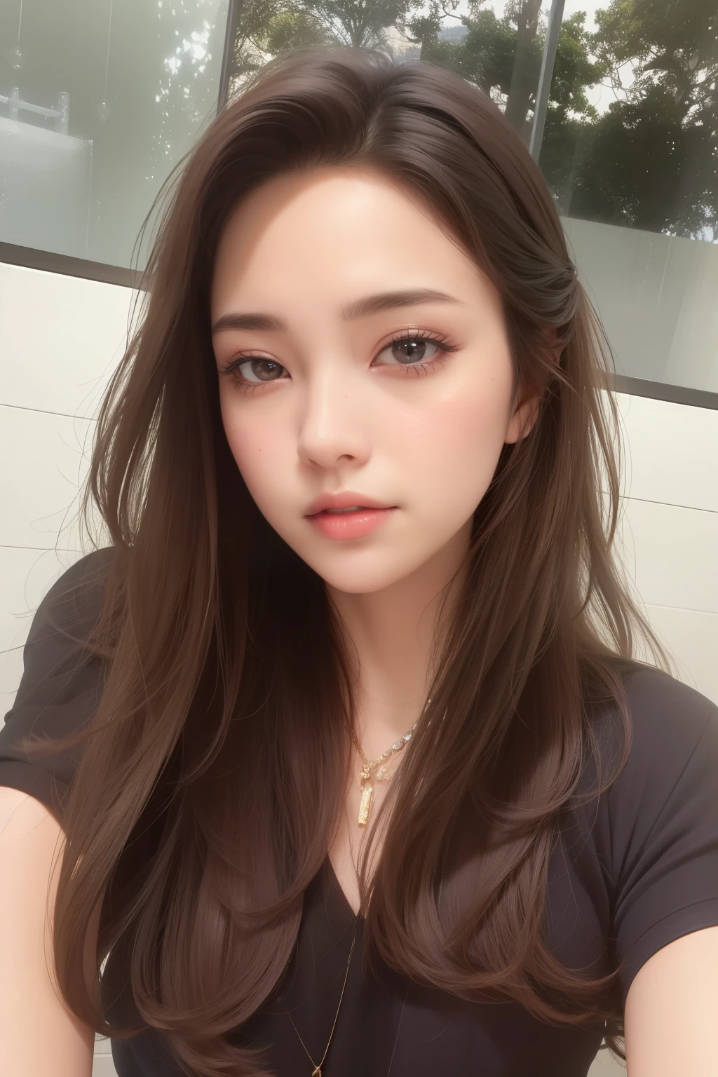Beautiful big breastokeh), indoors, detailed luxury living room, gentle and charming beautiful goddess, Korean(kpop-idol), solo, necklace, oval face, double eyelids, smart, good hands, good feet, Natural, (from below angle), (glossy skin:1.05), ((low angle)), Perfect figure, (64k, UHD, RAW photo, best quality, masterpiece:1.4), (realistic, photo-realistic:1.37), ultra high res, photon mapping, radiosity, physically-based rendering, professional soft lighting, purpel eyes