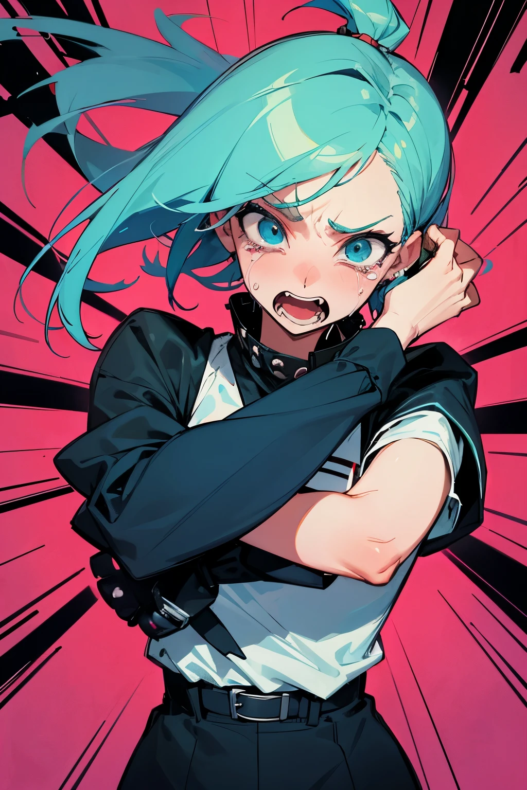 A high-resolution, dynamic image of a 20-something anime-style woman wearing a punk rock costume crying as she is scolded by her boss in the office.