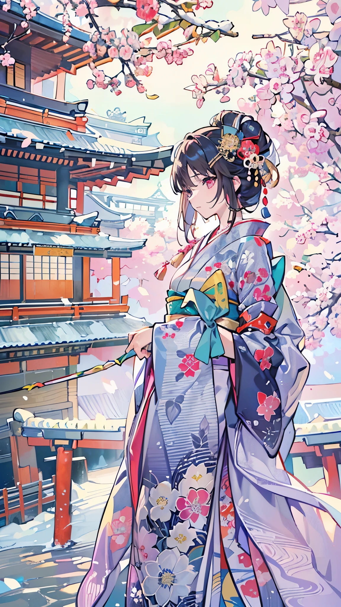 ((highest quality)),(ultra high resolution),(Super detailed),(detailed description),((best CG)),(best work of art),super precision art,great drawing art,(Art with precise details:1.5), (1 woman:1.5),beautiful and well-shaped face:1.5,(Japanese clothes dyed in intricate detail:1.6),Kimono beauty:1.3, Japanese landscape covered with snow:1.5