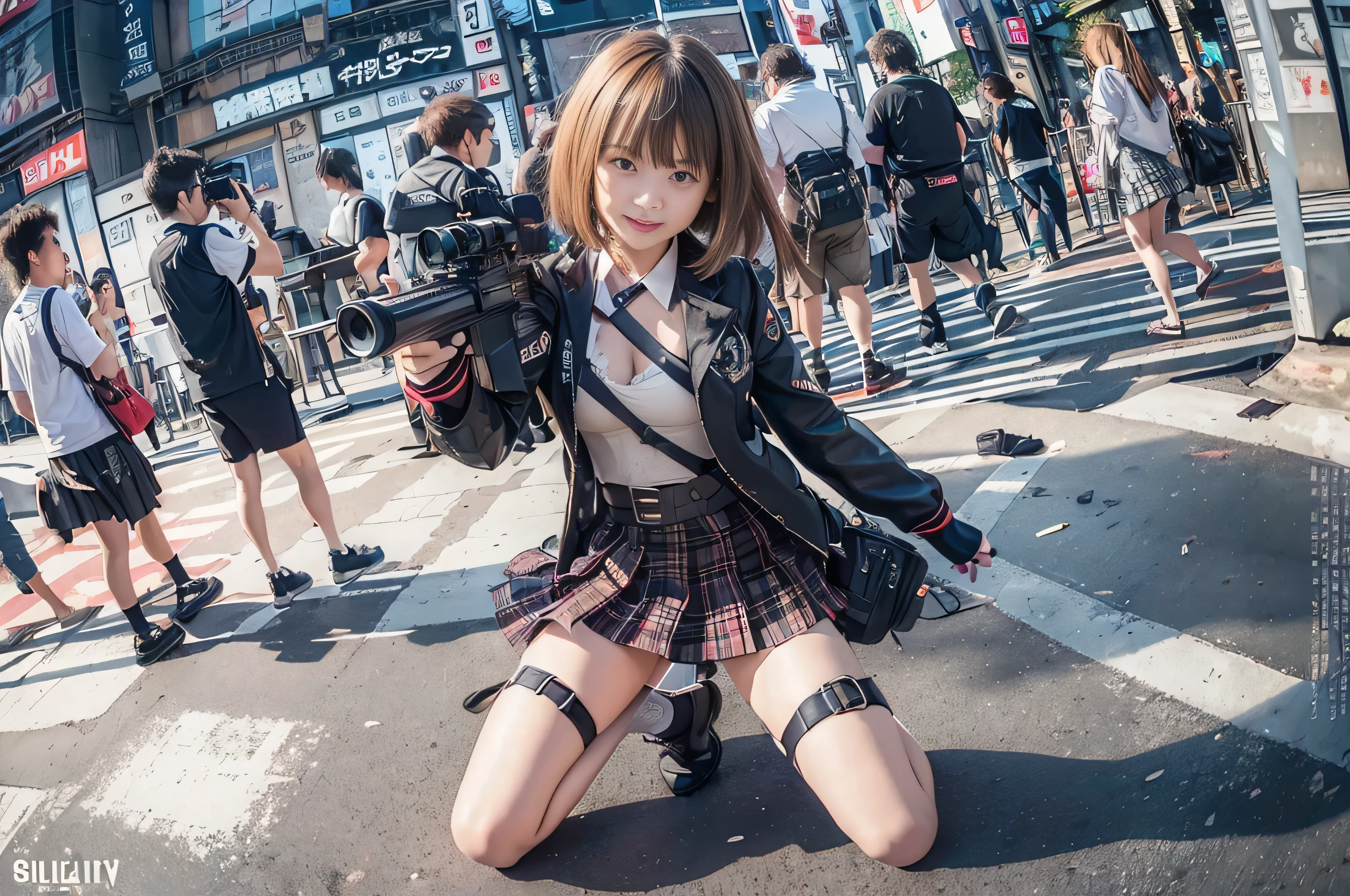 ((RAW image quality:1.4)), masterpiece, high quality, unpleasant feeling, cinematic lighting, front camera angle, (ruined metropolis), (SHIBUYA109 is attacked:1.4), 1 girl, High school girl standing on the ground with an assault rifle (M16), beautiful girl, invincible smile, good style , short hair, cleavage, short sailor suit, tartan check miniskirt, dynamic pose, Shibuya Ward, explosion, (Photographed with an 8mm fisheye lens:1.4), Shallow depth of writing,