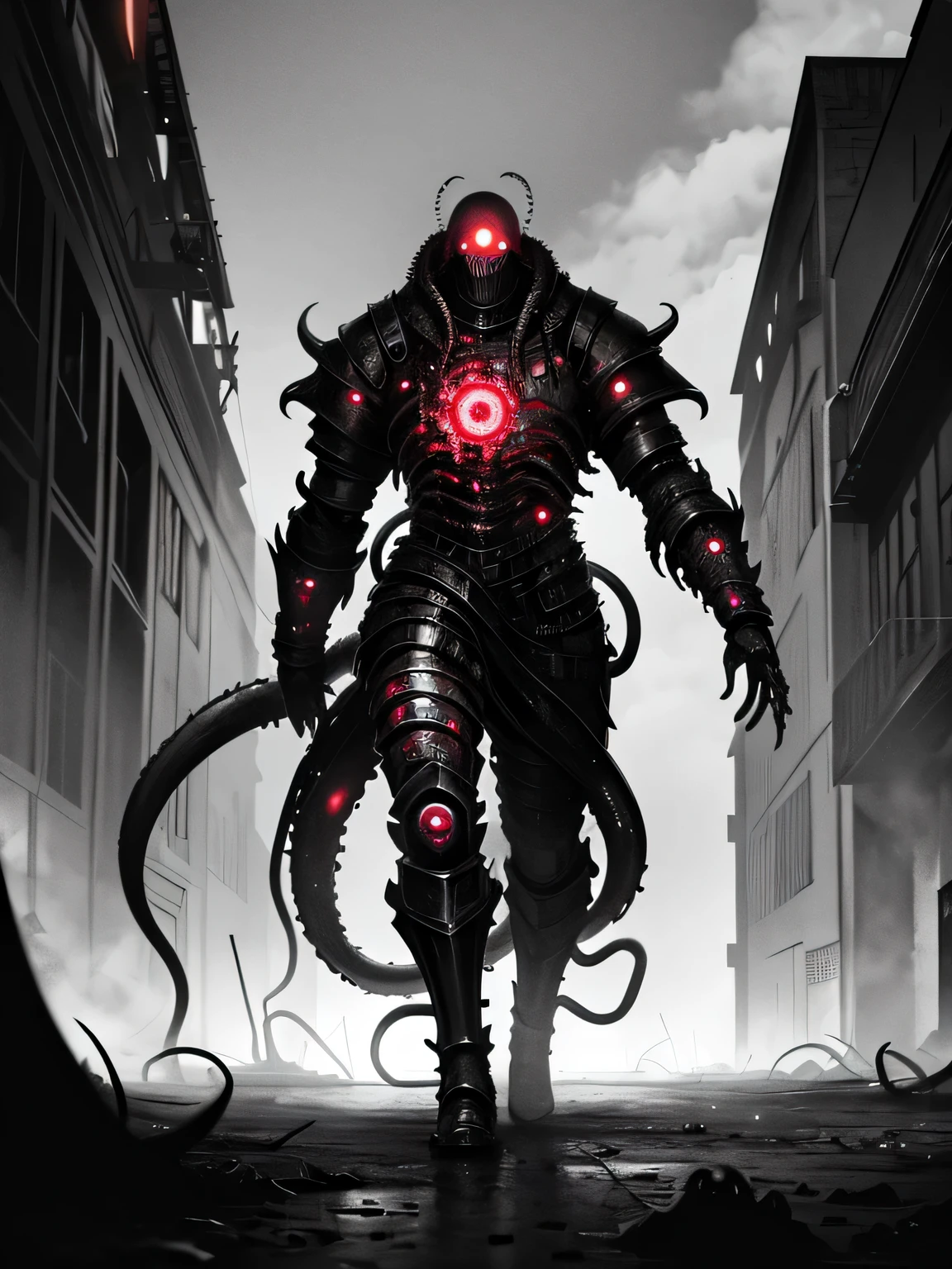 <lora:DreadTech-20:1>,dreadtech , scifi, disturbing,  high contrast ,
man,   long hair, cowboy shot,  clear reflations  , silver hair,  glowing eyes, red eyes,