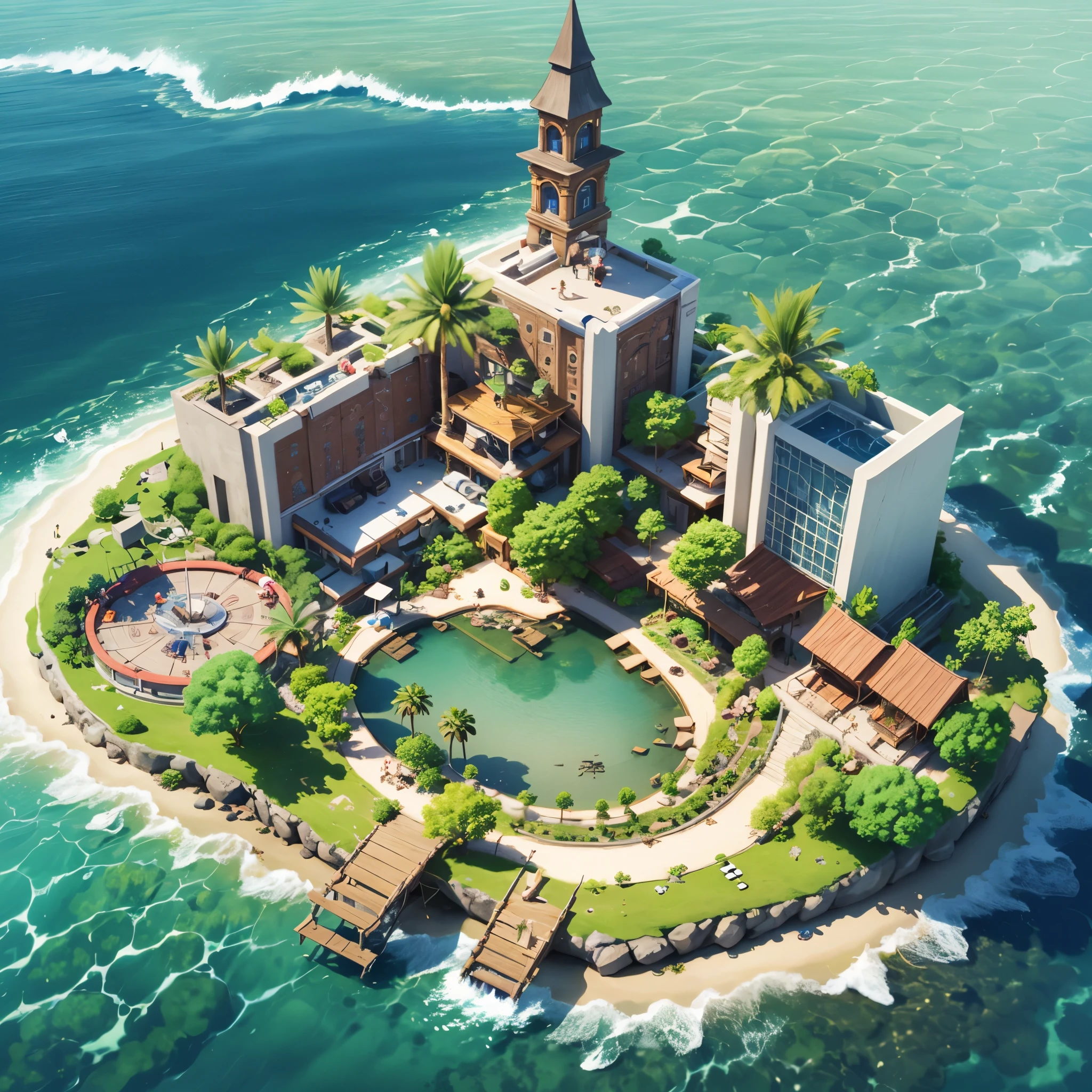 3d isometric view of resort island,