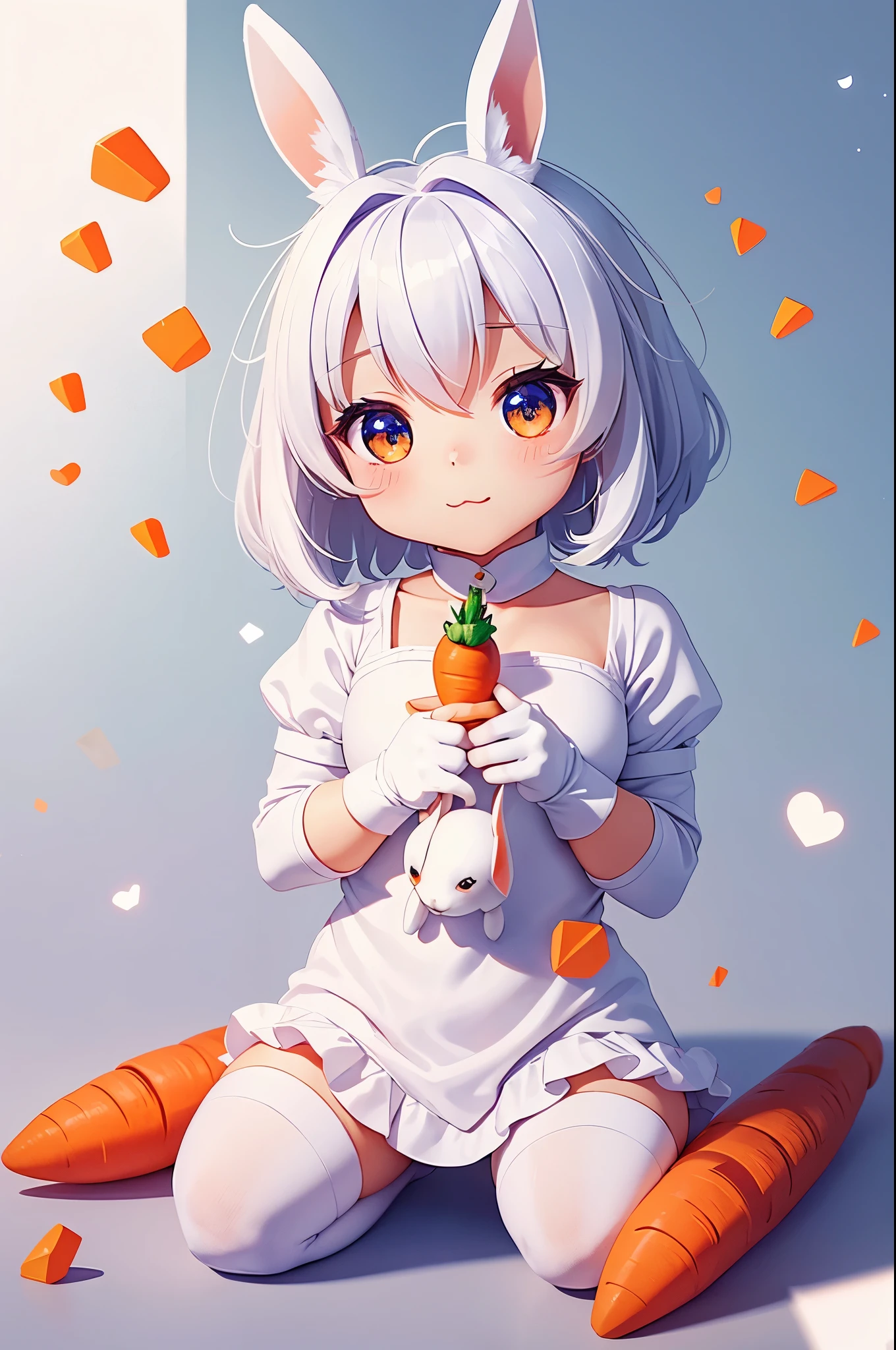 generate a small cute chibi version of white rabbit, holding a carrot with big sparkly eyes with white background in 8k