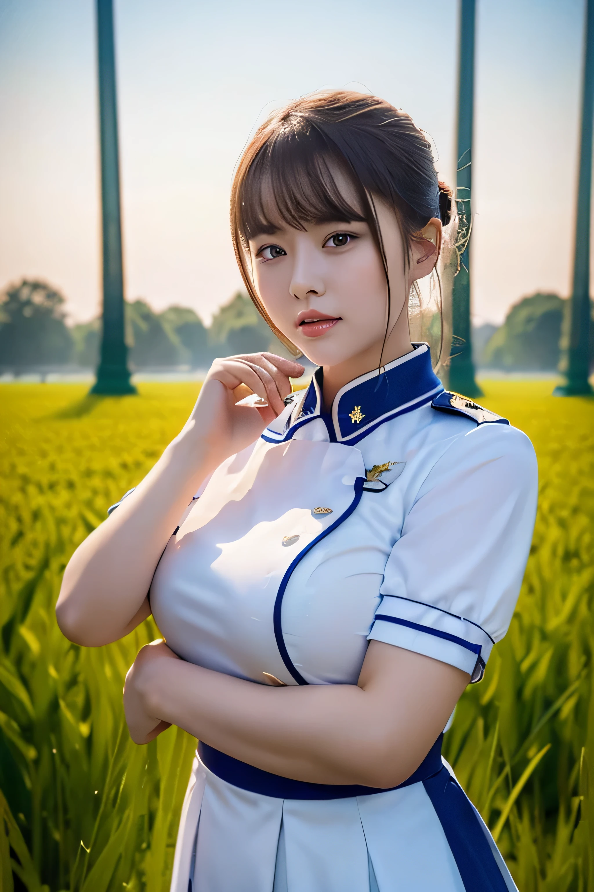 woman posing for a photo,(wear a cheongsam_uniform:1.3), good hand,4K, High resolution, masterpiece, highest quality, head:1.3,((hasselblad photography)), fine skin, sharp focus, (cinematic lighting),1 female breast, Overweight, extremely fat, Chubby, Japanese, clavicle, night, soft lighting, dynamic angle, [:(detailed face:1.2):0.2],(((Inside Chainer Field))), outside