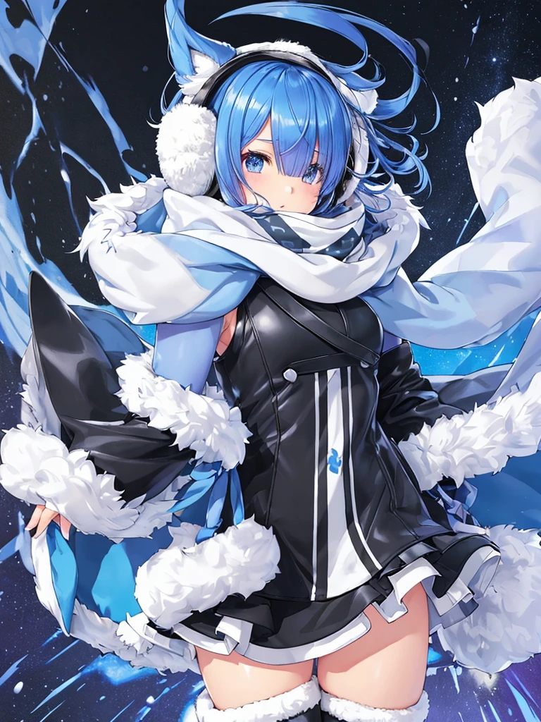 masterpiece, best quality, ultra detailed, ,rem,Re:zero,blue hair,short hair, (wearing a black coat over a white
tank top), (open coat), (tight leather
black mini skirt), (floating scarf),
(Nordic patterned winter scarf),
((Covers both ears with fluffy white fur,
fluffy Earmuff)), (heeled boots).