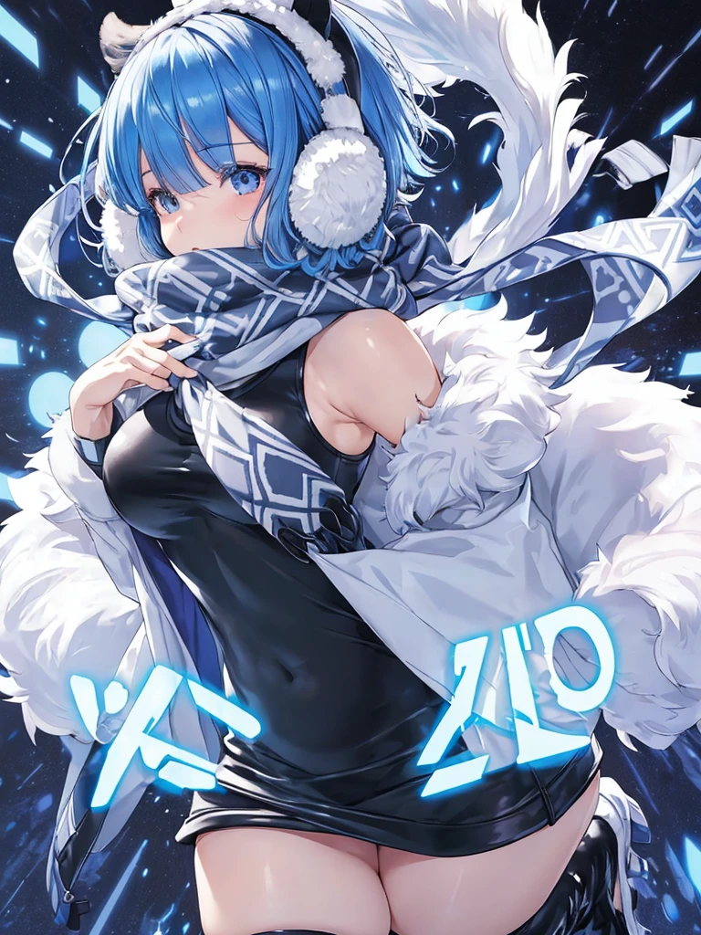 masterpiece, best quality, ultra detailed, ,rem,Re:zero,blue hair,short hair, (wearing a black coat over a white
tank top), (open coat), (tight leather
black mini skirt), (floating scarf),
(Nordic patterned winter scarf),
((Covers both ears with fluffy white fur,
fluffy Earmuff)), (heeled boots).