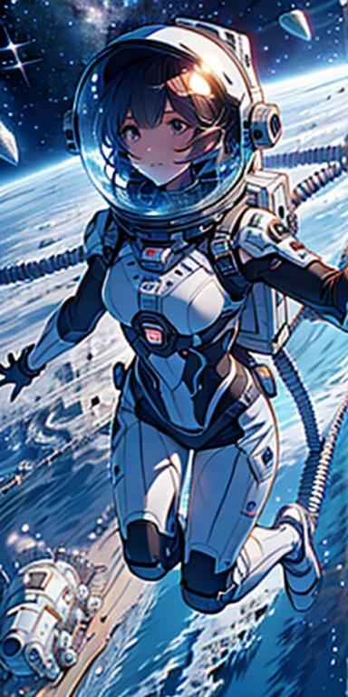 Unorganized resolution, High resolution, (masterpiece:1.4), super detailed, 1 girl, in spacesuit, seen from above, space, floating, satellite, running pose, wide angle lens distortion