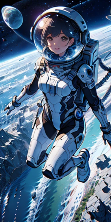 Unorganized resolution, High resolution, (masterpiece:1.4), super detailed, 1 girl, in spacesuit, seen from above, space, floating, satellite, running pose, wide angle lens distortion