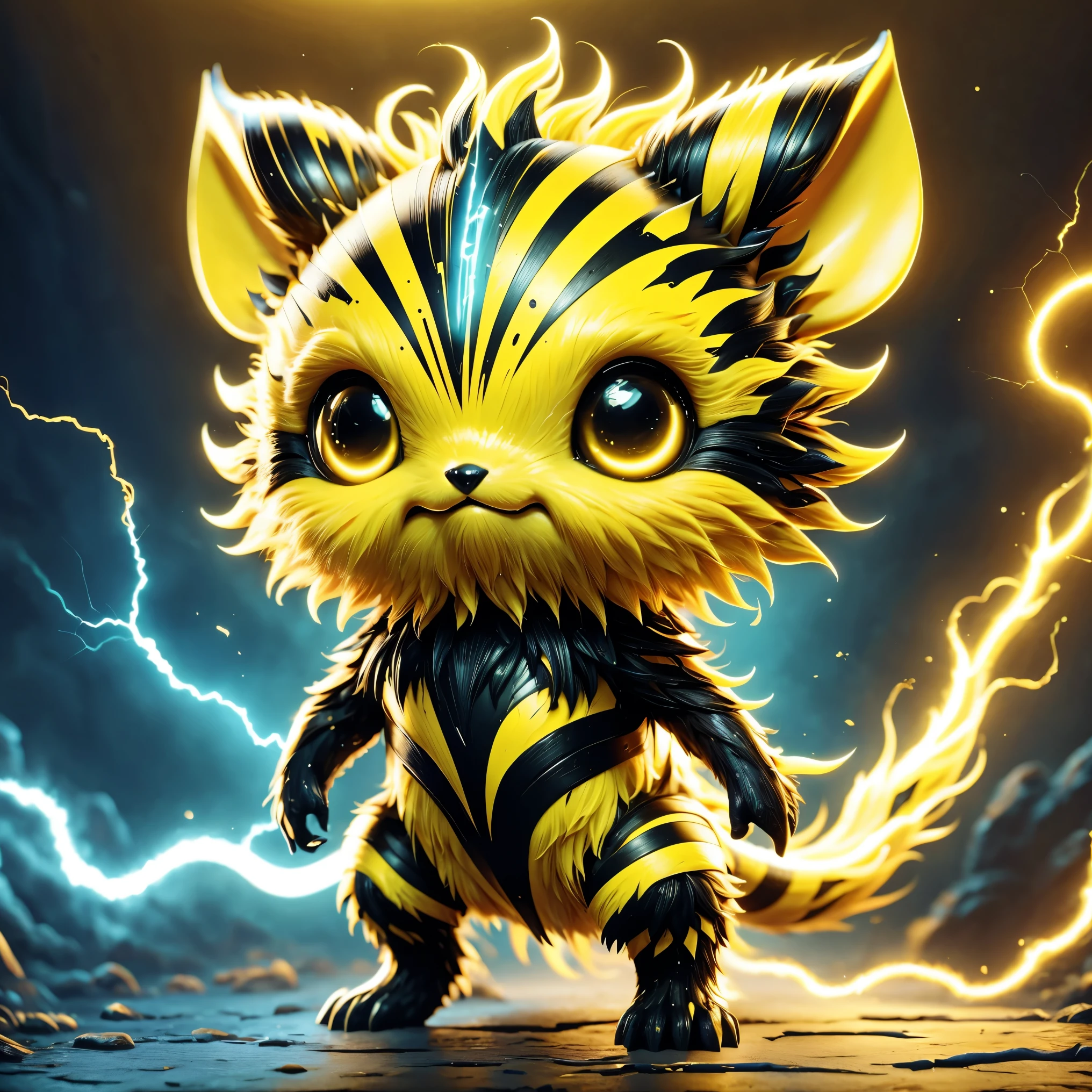 Create a 3D rendered image of a cute, fantastical creature with electric attributes, inspired by popular culture electric-type creatures. The creature is vibrant yellow with black stripes, and it's in an adorable style but posed in an assertive stance ready for battle. There should be sparks of electricity around its body to emphasize its electric powers, with a background that complements its dynamic posture.