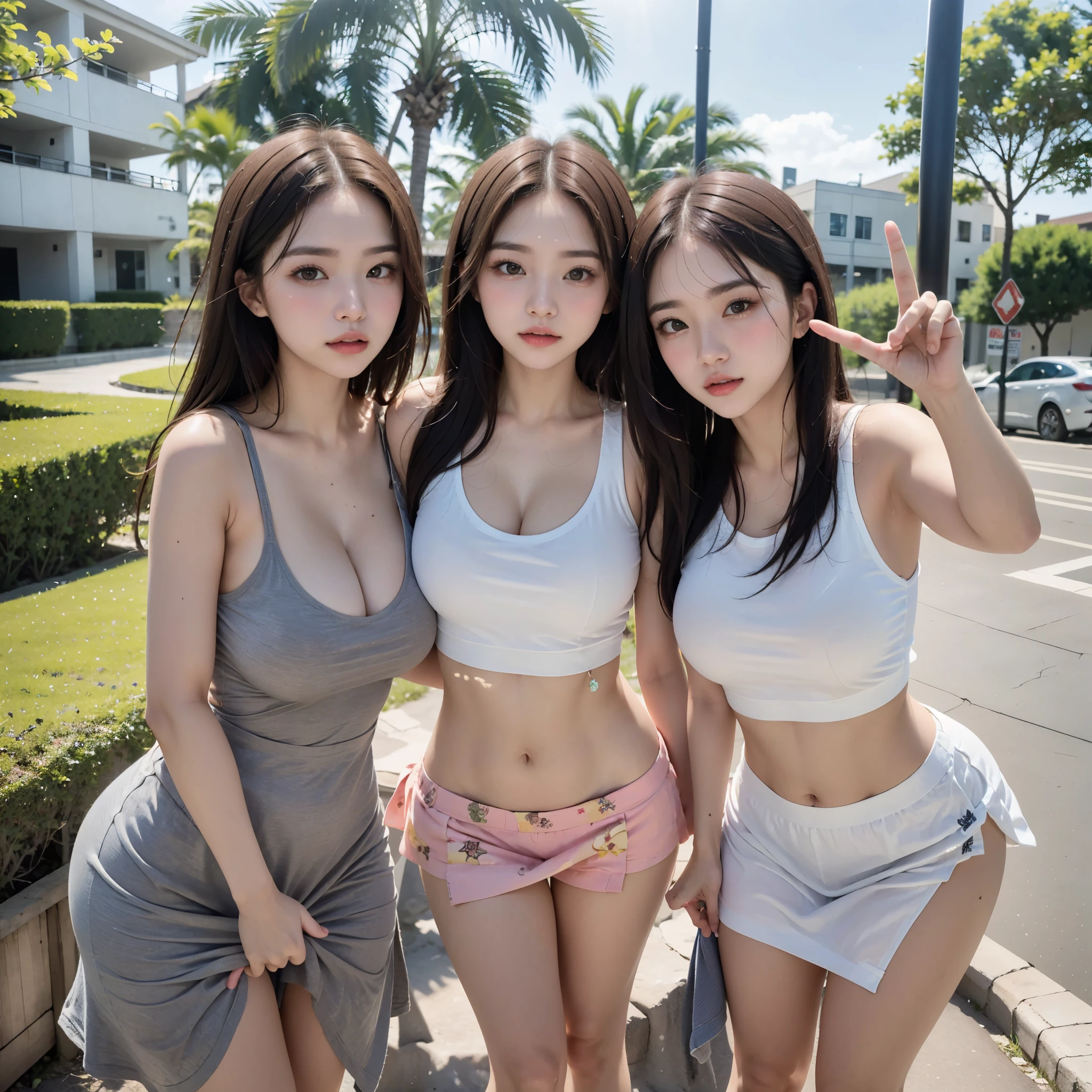 three women posing for a picture while making a peace sign, posing for a picture, casual pose, poses for the camera, college girls, waving at the camera, # oc, #oc, 3 young and beautiful women, pointing at the camera, wearing in a summer dress, having a great time, on a sunny day, posing for the camera, vacation photo