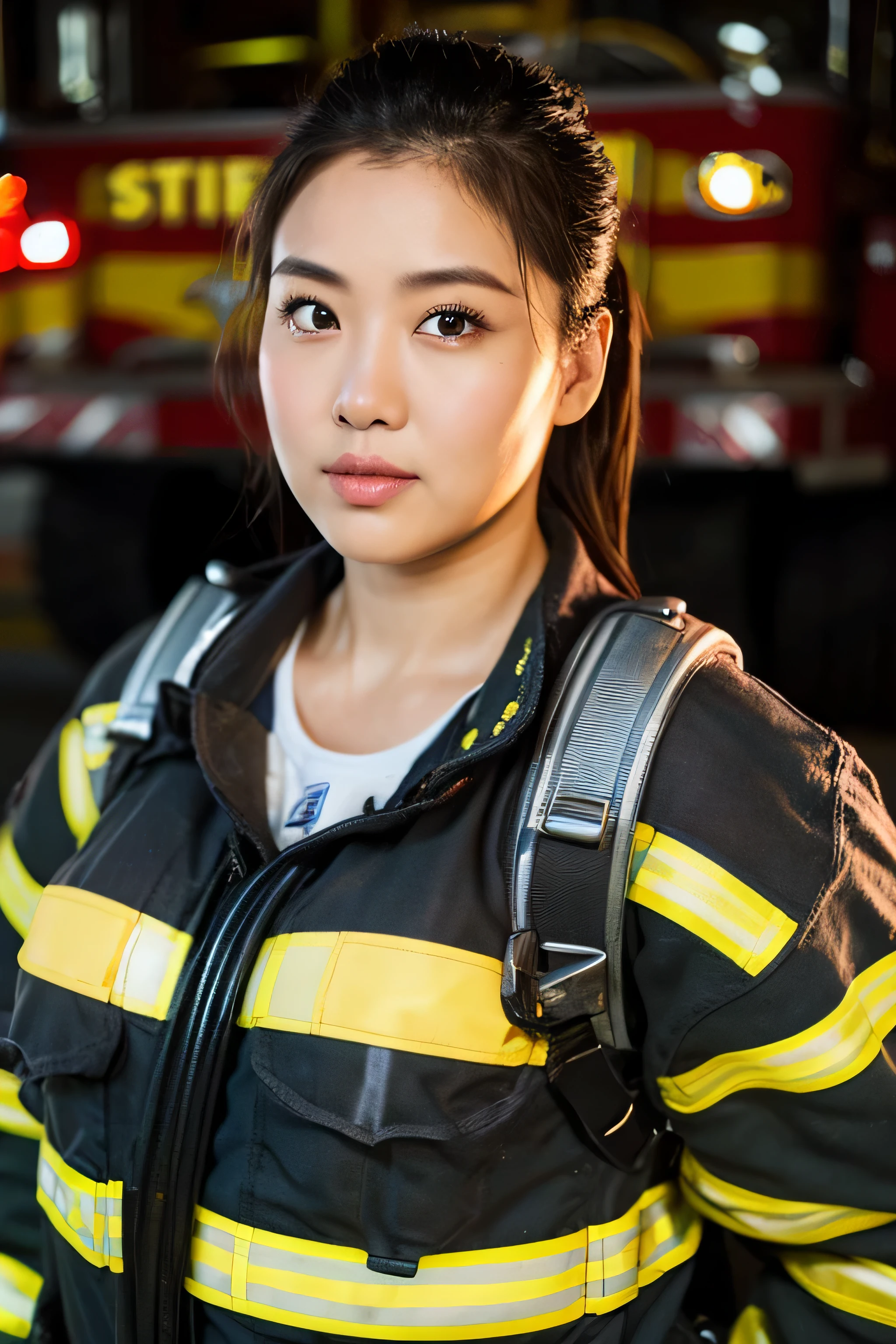 (((masutepiece、top-quality、Top image quality、in 8K、Award-Winning Works)))、((1 female firefighter、perfect fire protection clothing、Realistic and accurate firefighting suit、Firefighting uniform based on orange、Reflective materials、helmets、Firefighter's Helmet、Protective pants、fire engine、The background is the scene of the fire、Extinguish the fire、Fighting Fire))、(look at me perfectly、serious facial expression、Breasts are big、Slimed、Perfect fingers、A detailed face、1 photo)