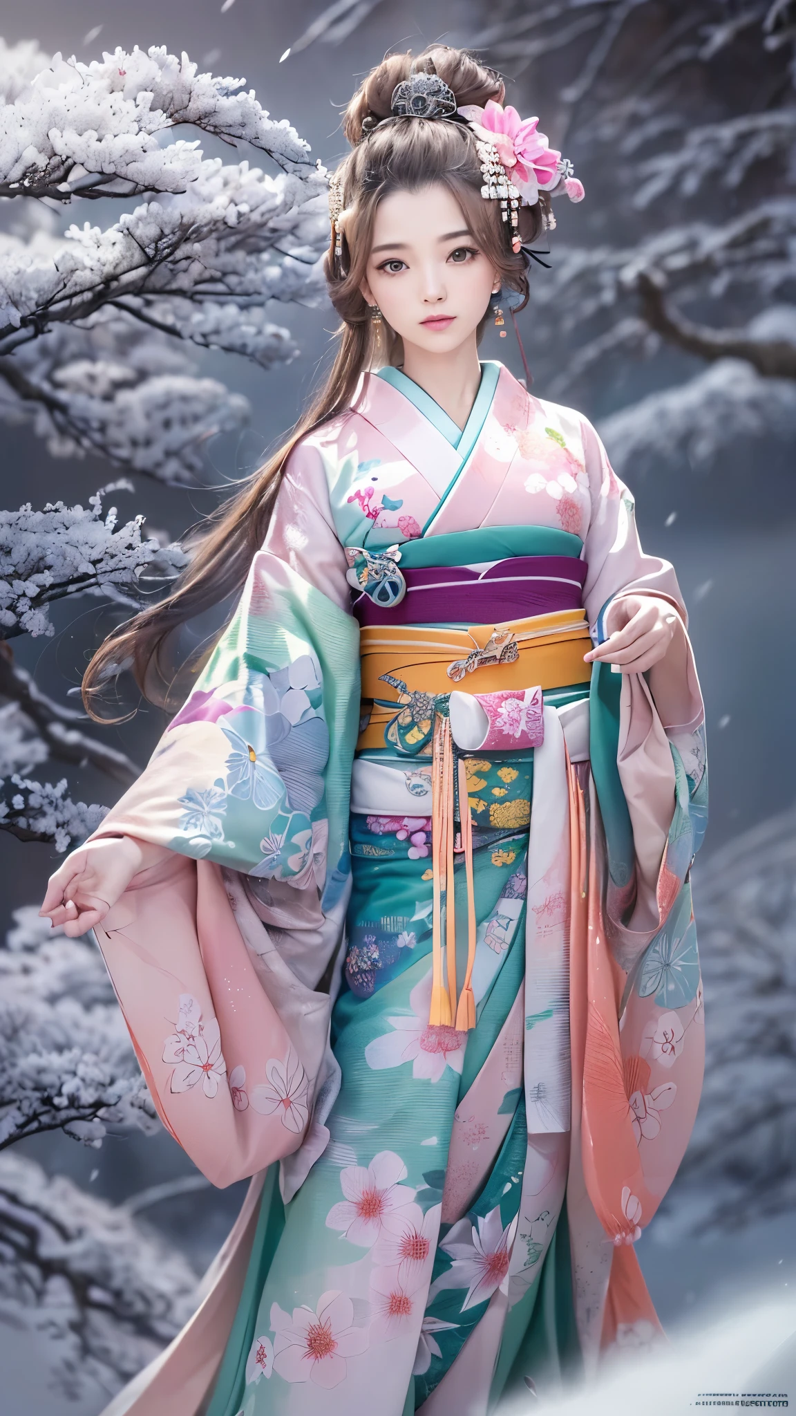 ((highest quality)),(ultra high resolution),(Super detailed),(detailed description),((best CG)),(best work of art),super precision art,great drawing art,(Art with precise details:1.5), (1 woman:1.5),beautiful and well-shaped face:1.5,(Japanese clothes dyed in intricate detail:1.6),Kimono beauty:1.3, Japanese landscape covered with snow:1.5