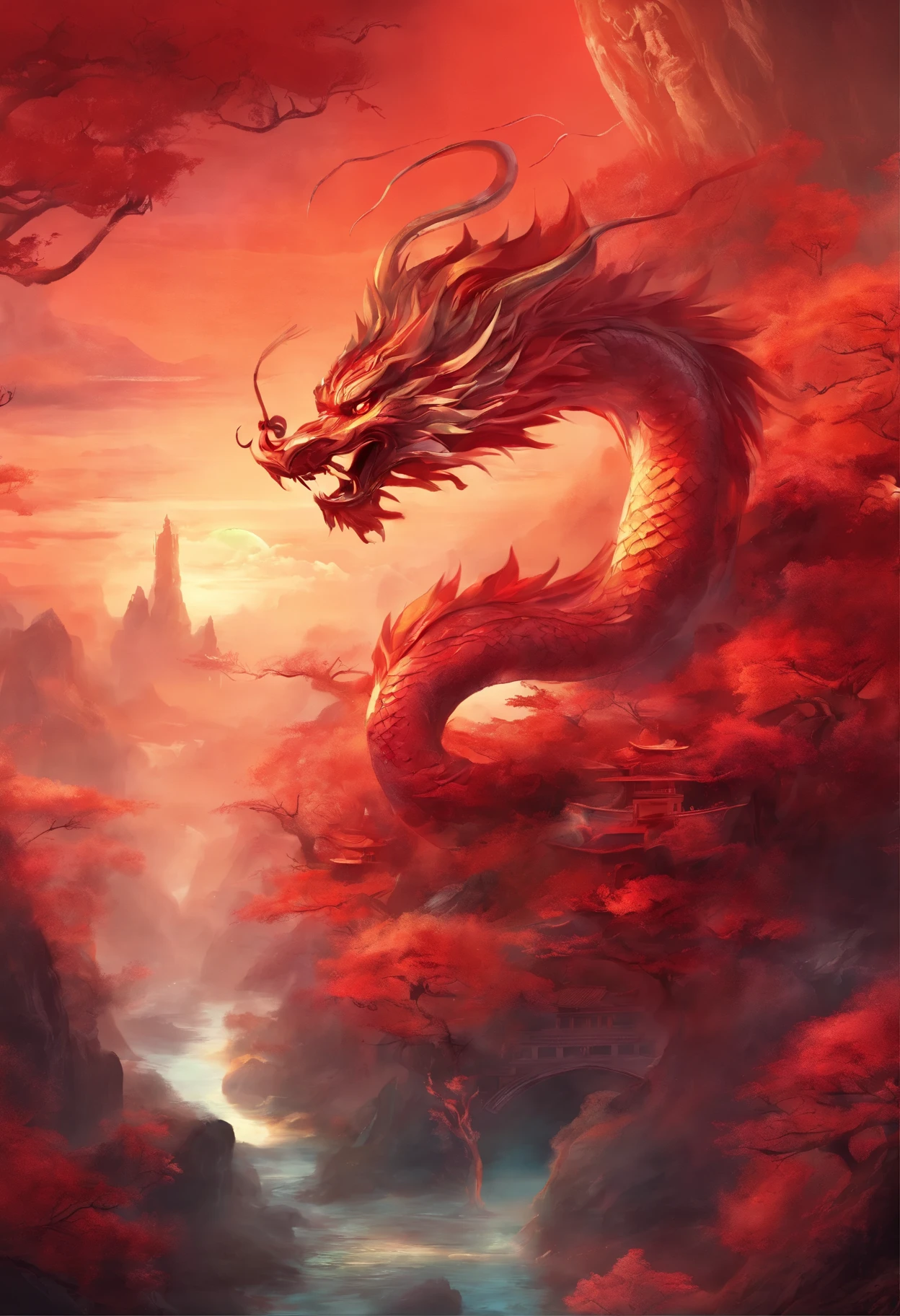 chinesedragon，Traditional Chinese culture，levitating，meander，Red tone，tmasterpiece，4K