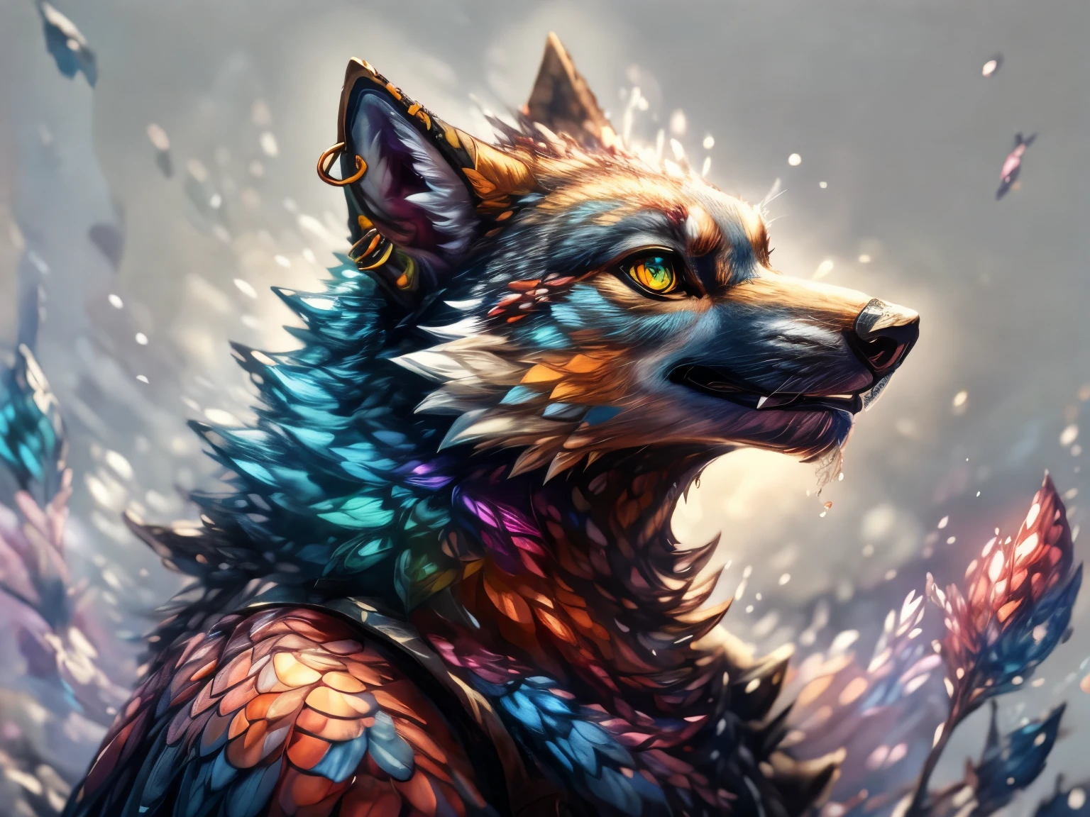 Splash art, a wolf head, ((white background)), piercing eyes,  artstation, splash style of colorful paint, contour, hyperdetailed intricately detailed , unreal engine, fantastical, intricate detail, splash screen, complementary colors, fantasy concept art fantasy art, Gs Studio, watercolor effect, bokeh, Adobe Illustrator, hand-drawn, digital painting, low-poly, soft lighting,