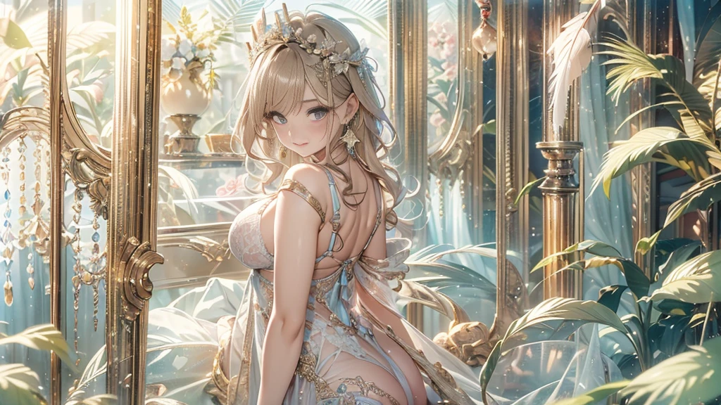 過去最高のmasterpiece、beautiful美しさ, 3D two-dimensional, rich, blonde, skirt, stockings, high heels, star、(Highly detailed CG Unity 8K wallpaper),(masterpiece), (最高quality), (超be familiar with), (best work),(best shadow), (sharp eyeliner, eye shadow, fine eye:1.1), (超High resolution,realistic,最高quality,realistic),(8K,RAW photo,最高quality,star),mature woman、sensual curves、huge breasts、thighs、bubble、お尻のmasterpiece, 最高quality, 超be familiar with, full body shot, mature woman, beautiful mature woman, nightgown and underwear, enchanting smile, thick lips, Chubby lips, blush, looking at the viewer, provocative expression, beautifulhair型, cleavage, Plump、curvy hips、attractive face、sexy lingerie、an inviting gaze、Expression of emotions、Lewd underwear、(((erotic see-through lingerie set)))、Standing position、gorgeous accessories 、big breastsの女性, bare shoulders, 金色のhair, colored feather, metal ornaments, colored flowers, particle, light, (masterpiece, 最高quality, 最高quality, official art, beautiful and aesthetic:1.2), (1 girl:1.5), 非常にbe familiar with,(fractal art:1.1),(colorful:1.1)、(flowers:1.3),most detailed,(zentangle:1.2), (dynamic pose), (abstract background:1.3), (shiny skin), (lots of colors :1.4), ,(earrings:1.4), (feather:1.4),masterpiece, 最高quality, 超be familiar with, 30~40 years, full body shot, beautiful 、さまざまなhair型，gold headband，plump breasts，beautiful，greek clothing，Tulle covers the breasts，perfectly proportioned, detailed clothing details,marble，god statue，cinematic lighting, film grain, 8K, masterpiece, 超be familiar with, high detail, 高quality, High resolution,(((NSFW:1.2)))、exposed chest、Openwork decoration，(((see through dress)))、(((解剖学的に正しいbody))) , 最高quality, 超be familiar with, (((Lewd underwear)))、raise your butt, from below, (((R-18)))、thighs, big breasts, Are standing, cowboy shot, blush, (((1 girl))), (masterpiece:1.3), (High resolution), (8K), (非常にbe familiar with), perfect face, Nice eye and face, (((最高quality))), (超be familiar with), detailed face and eye, (alone), beautifuleye,(((sexy pose)))、(((整ったbig breasts)))、((beautiful eye))、luxury、(((超High resolution)))、(((detailed description)))、(((ぽっちゃりbody型)))、(((解剖学的構造に一致したbodyの部位)))、beautiful長いまつ毛、バランスのとれたbody型,2 feet、Just the right size for your legs and arms、Fishnet tights、glamorous、(((Clear white and black eye)))、lipstick、Sparkling、(Undistorted face, eye, body)、jewelry、gem、(長くカールしたbeautifulまつ毛)、(((バランス良いbeautiful胸)))、(transparent, Exquisite skin:1.2)、(((完璧なglamorousボディー)))、actress face、Super beautiful、Cute smile、Healing beauty、Flower shower、完璧なeye、realistic depiction、Super sexy、glossy、Glamorous、double eyelids、Good dark makeup、makeup、ぼやけていないeye , expensive_quality, expensive_solve, masterpiece*I wore, whitespace, colorful, 1 girl, alone, white_hair, prism hair, [pink|green] eye, gradient eye, multicolored eye, shine eye, shine, Sparkling, shine white particles, Alone、one shot、adorable、Plump、Glossy and exquisite skin、はっきりしたeye鼻立ち、realistic eyes、whiteい肌, real human skin, (be familiar with), oval face, pore,  (8K, Raw photo, realistic: 1.4), one girl,  (Gentle and Goddess-like Eyes) happiness: 1.2), (lip gloss, eyelash, gross face, 最高quality, 超High resolution, wide lighting, natural shading)