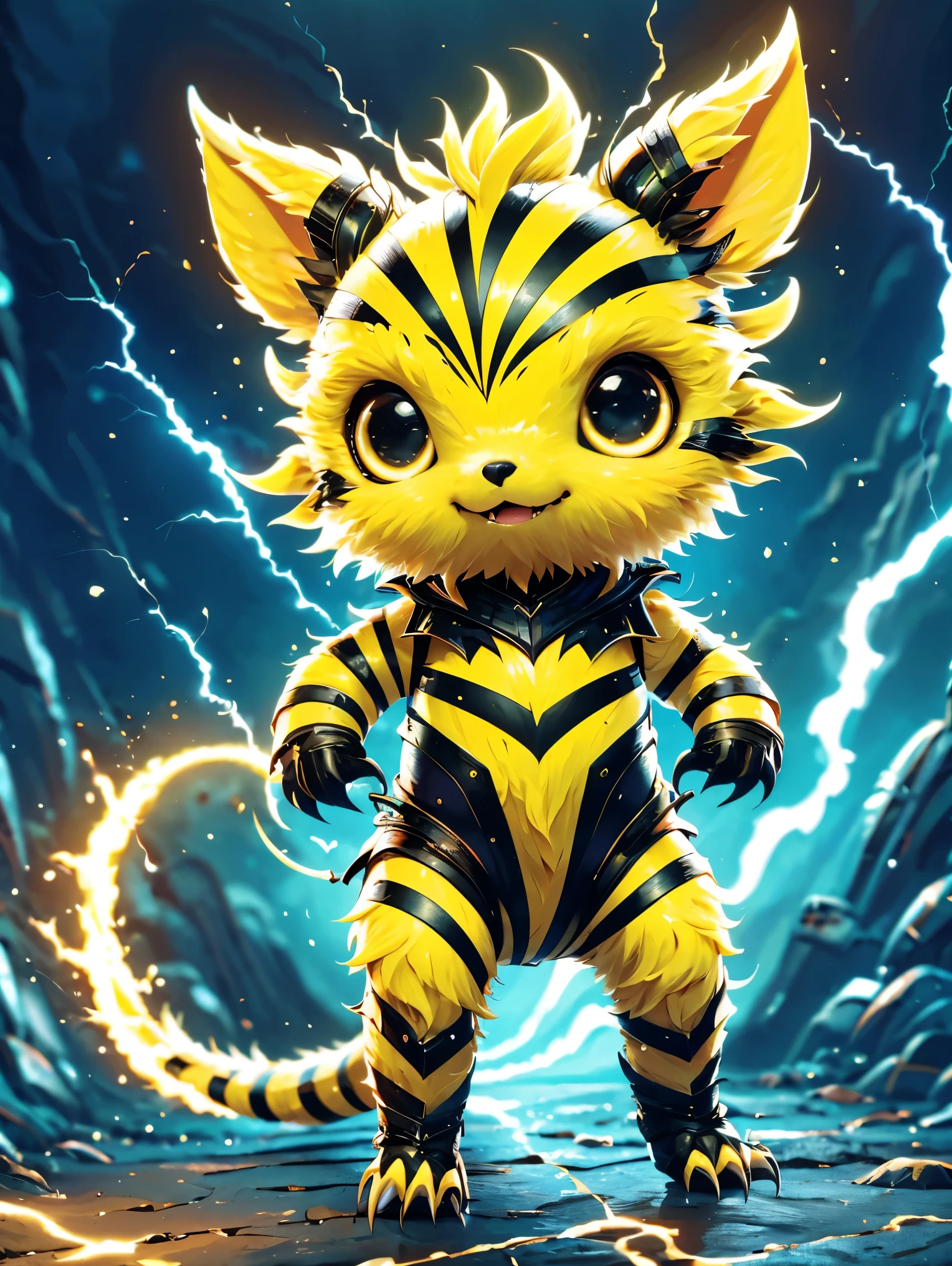 Electivire，solo, lightning，Electro-optical，Black stripes，Cute creatures，(sharp claws:1.5)，((whole body:1.8))