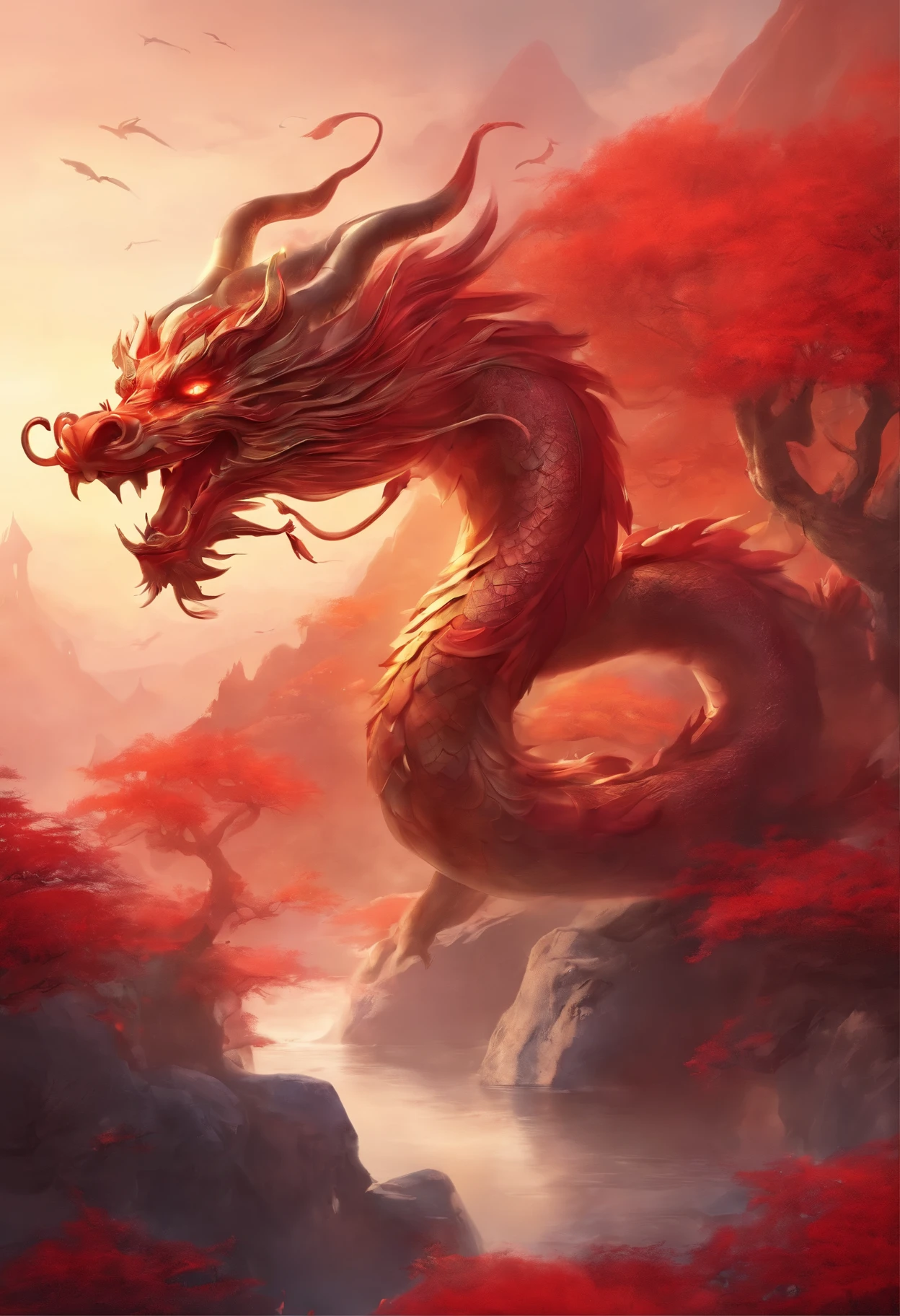 chinesedragon,Traditional Chinese culture,levitating,meander,Red tone,tmasterpiece,4K