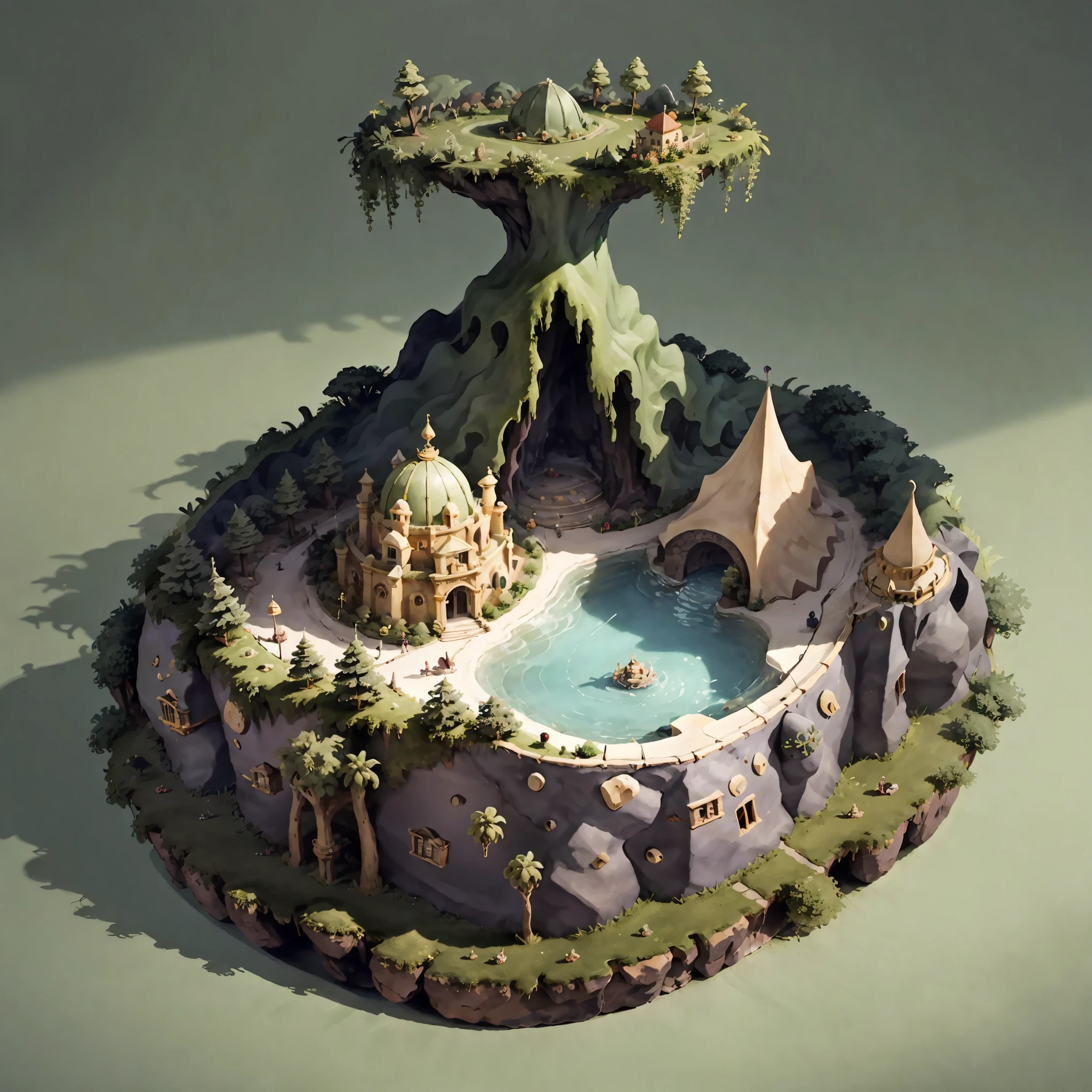 3d isometric view of dark fantasy island,