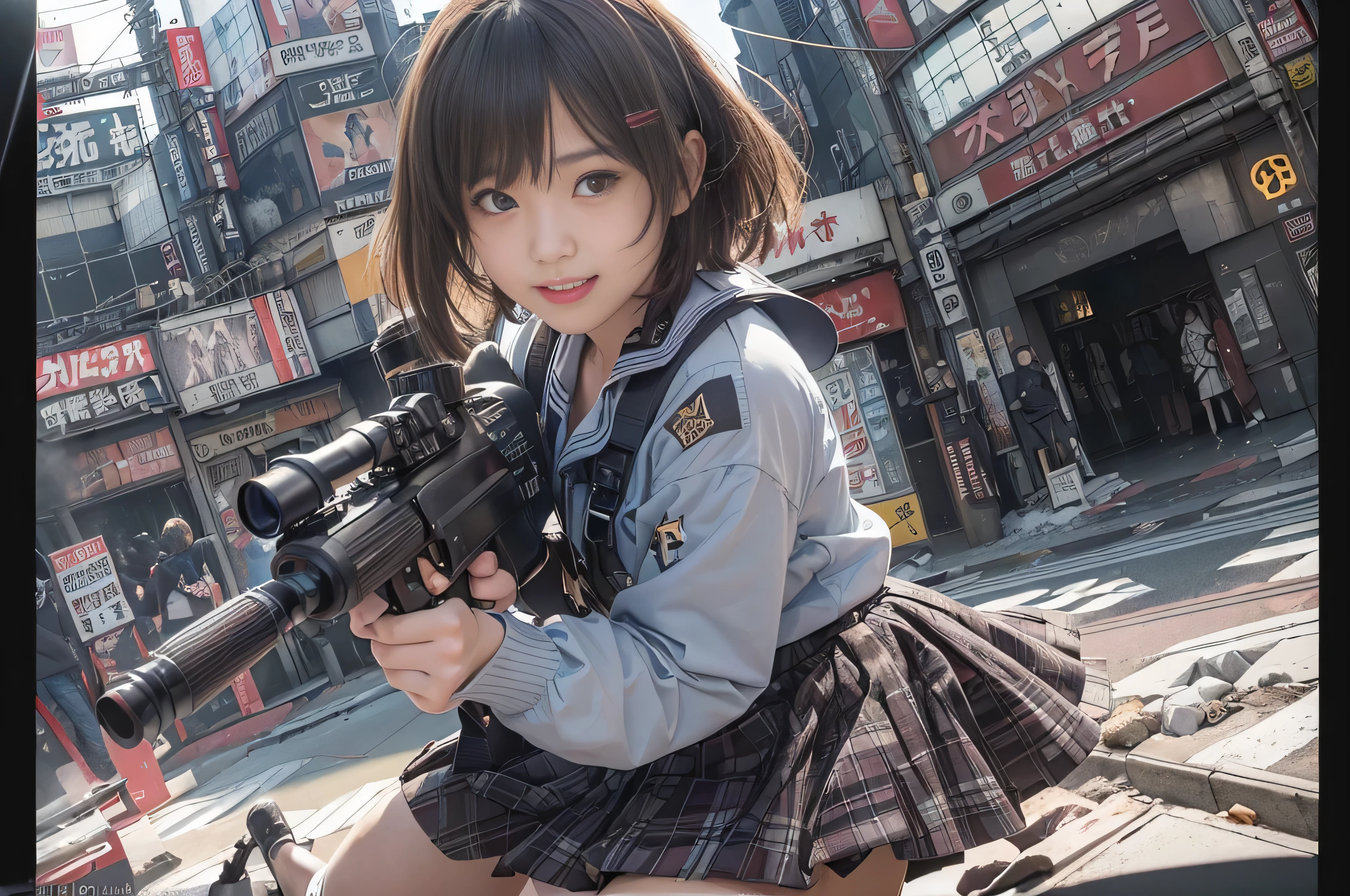 ((RAW image quality:1.4)), masterpiece, high quality, unpleasant feeling, cinematic lighting, front camera angle, (ruined metropolis), (SHIBUYA109 is attacked:1.4), 1 girl, (High school girl standing on the ground with an assault rifle (M16)), beautiful girl, invincible smile, good style , short hair, cleavage, short sailor suit, tartan check miniskirt, dynamic pose, Shibuya Ward, explosion, (Photographed with an 8mm fisheye lens:1.4), Shallow depth of writing, Photo looking up from below,