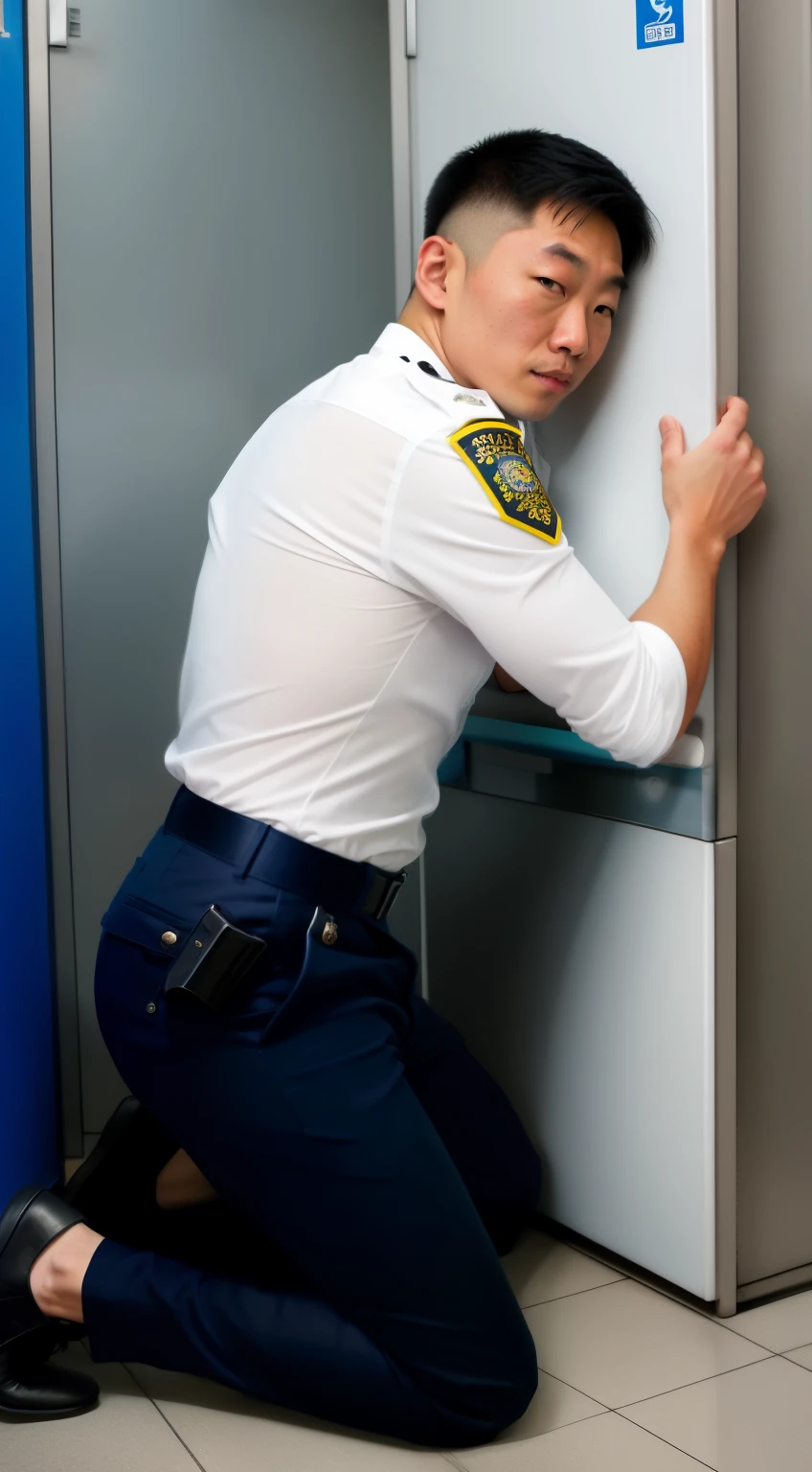 ((photo realistic)), (((one men only in the picture))), 20 years old mature beefy bulky sexy Japanese Kenta in police Keisatsu uniform laying on the floor, his legs wide open facing the camera, sumo style, short haired, back arched, he is wearing dark blue satin pants and white shirt, ((tight pants)), low angle shot, long shot, ((Low angle)), in a public toilet cubicle at night