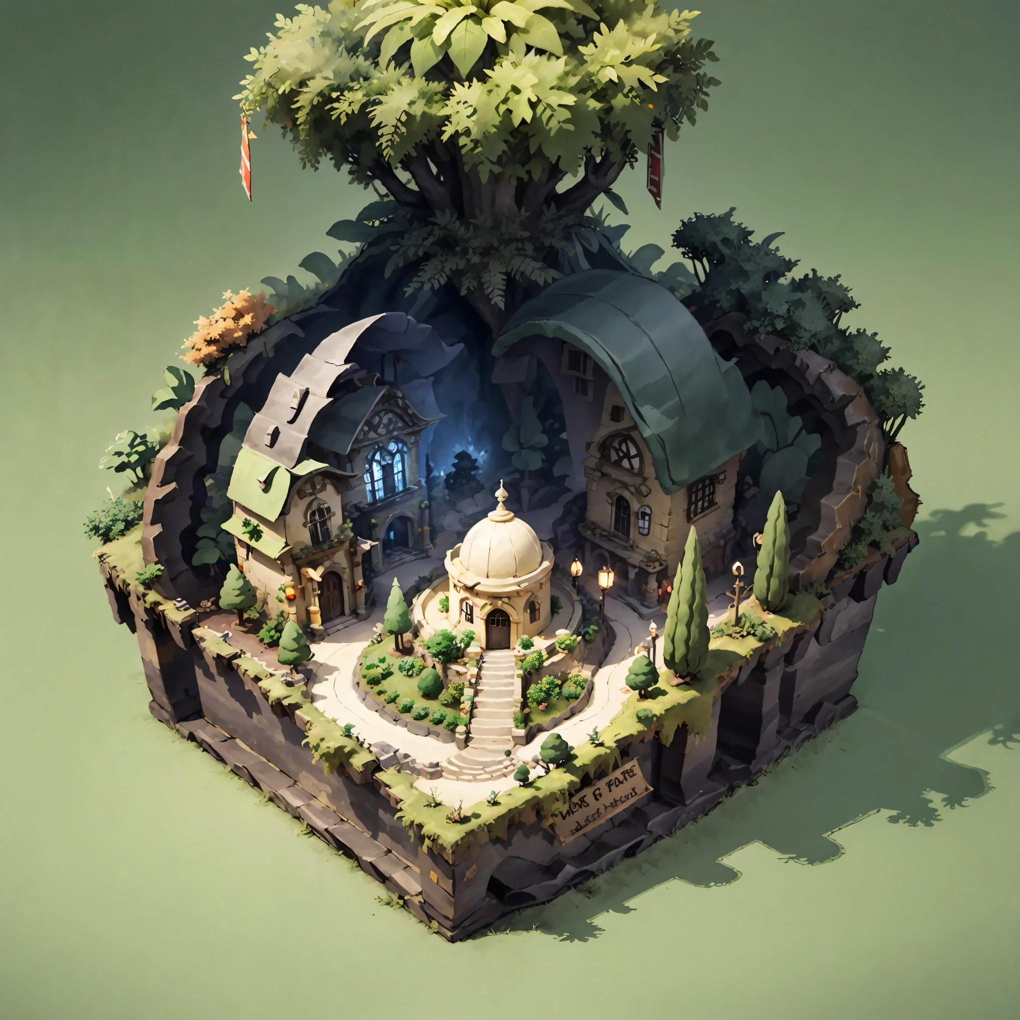 3d isometric view of dark fantasy island,