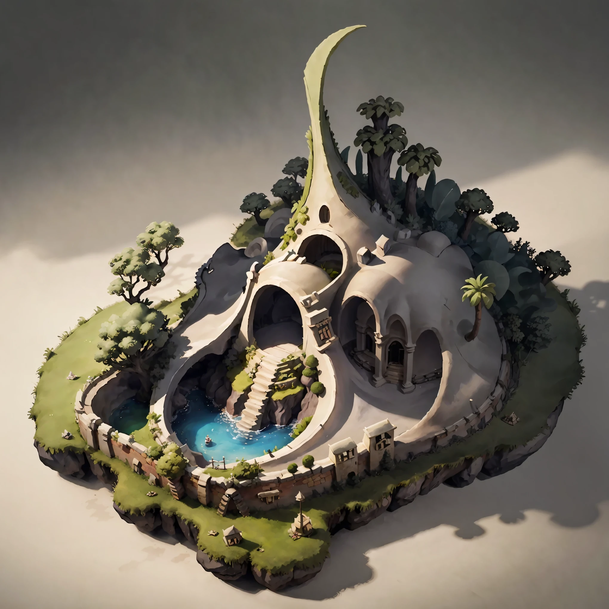 3d isometric view of dark fantasy island,