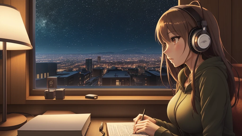 Anime girl in the room wearing headphones, In the style of a realistic and highly detailed portrait, Cabin Core, earth color, Ambitious, dino punk, bold, Manga style characters,large breasts with good shape,dim room,Glittering night view from the window,light stand on the desk,Books are lined up on the desk,