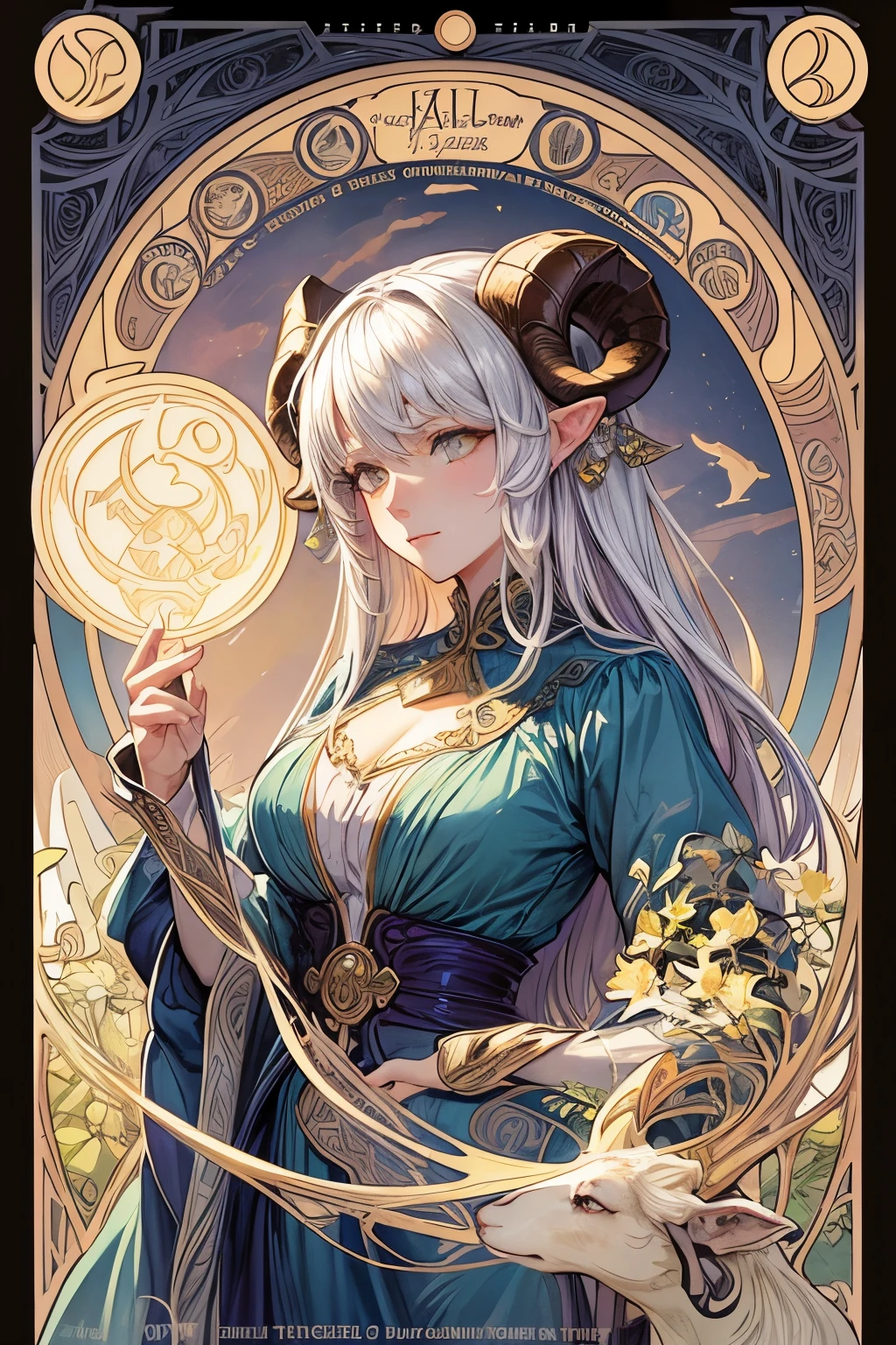 high quality, very detailed, fantasy, Goat, Beautiful woman with sheep's horns、Style like a horoscope card、Mysterious, Alphonse Mucha's Art Nouveau line, awesome full color,