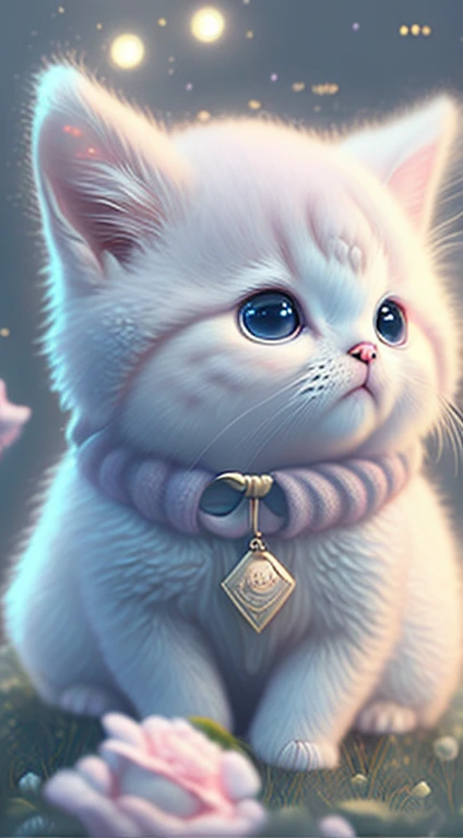 In this ultra-detailed CG art, Cute kittens surrounded by ethereal roses, lol声, best quality, high resolution, intricate details, fantasy, adorable animal, purple, interesting, left, open mouth!! lol!!!