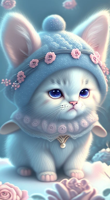 In this ultra-detailed CG art, Cute kittens surrounded by ethereal roses, lol声, best quality, high resolution, intricate details, fantasy, adorable animal, purple, interesting, left, open mouth!! lol!!!