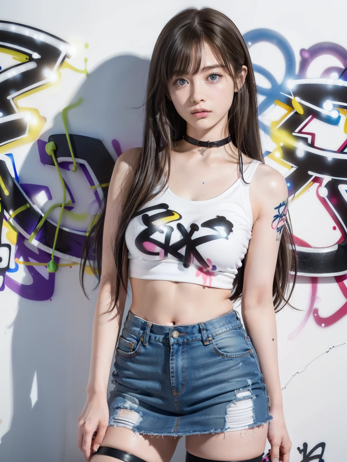 hyper realistic, Masterpiece, Best Quality, ((Lauren Gray, The face of Olivia Dunn)) 1girl, 独奏, crop-top, denim ((tight miniskirt)), Choker, (graffiti:1.5), paint splatter, Hands Behind Your Back, Against a wall, looking a viewer, A bracelet, thigh strap, Paint on the body, tilt of head, blonde hair, Gray-blue eyes of the iris, 8K resolution, intricate clothes, intricate details,