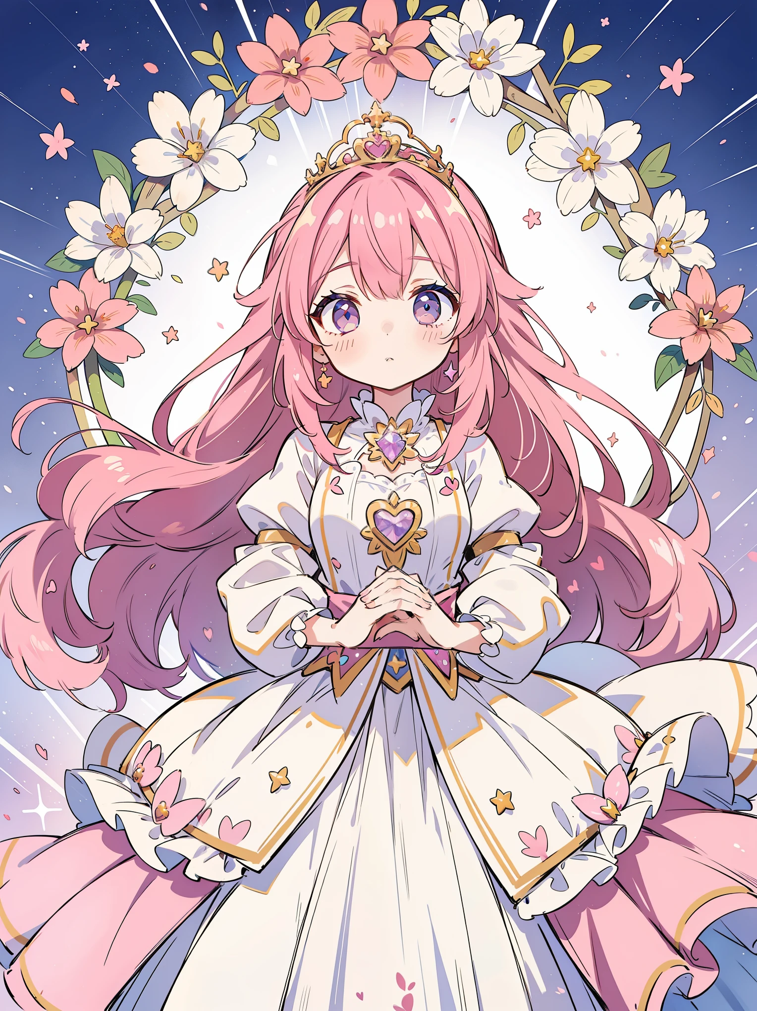 1 girl, whole body, Character Design, Pink-haired prince with heart tiara, flower, Star Accessories, high quality, wide shot, Detailed background of the Enchanted Forest